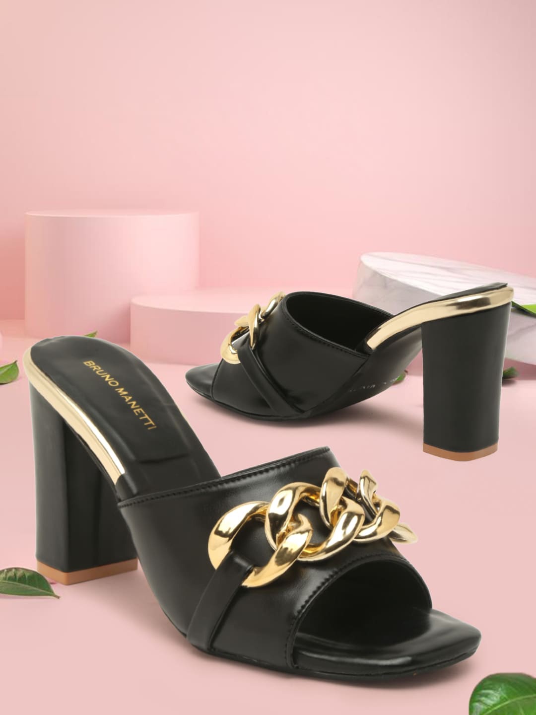 

Bruno Manetti Black PU Embellished Block Heels