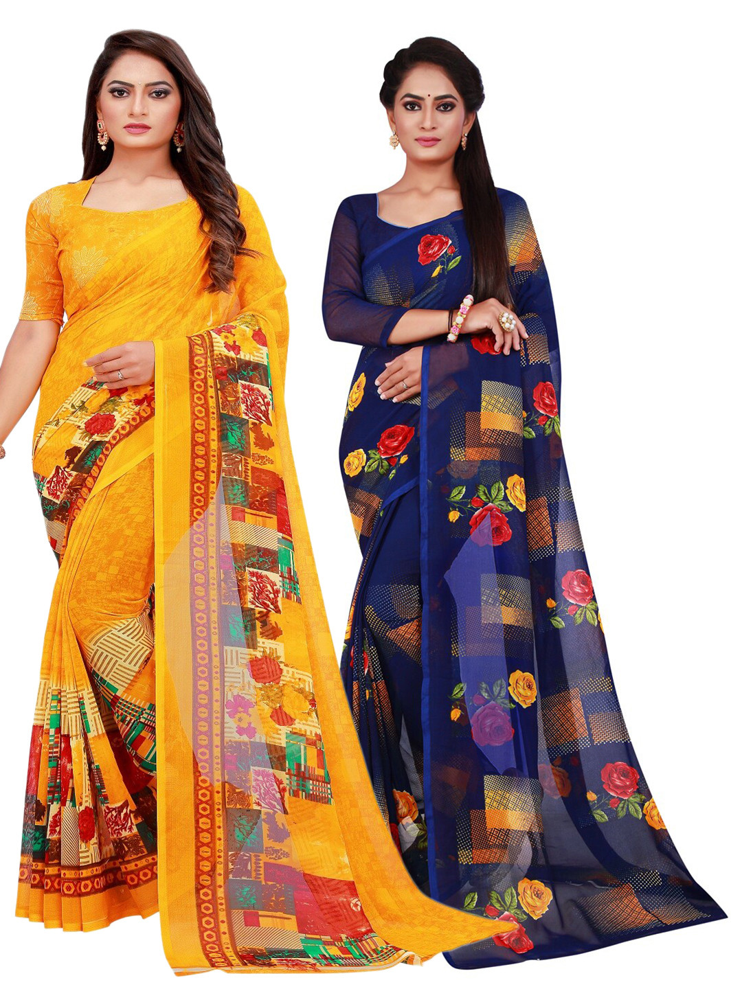 

Florence Pack of 2 Yellow & Blue Pure Georgette Sarees