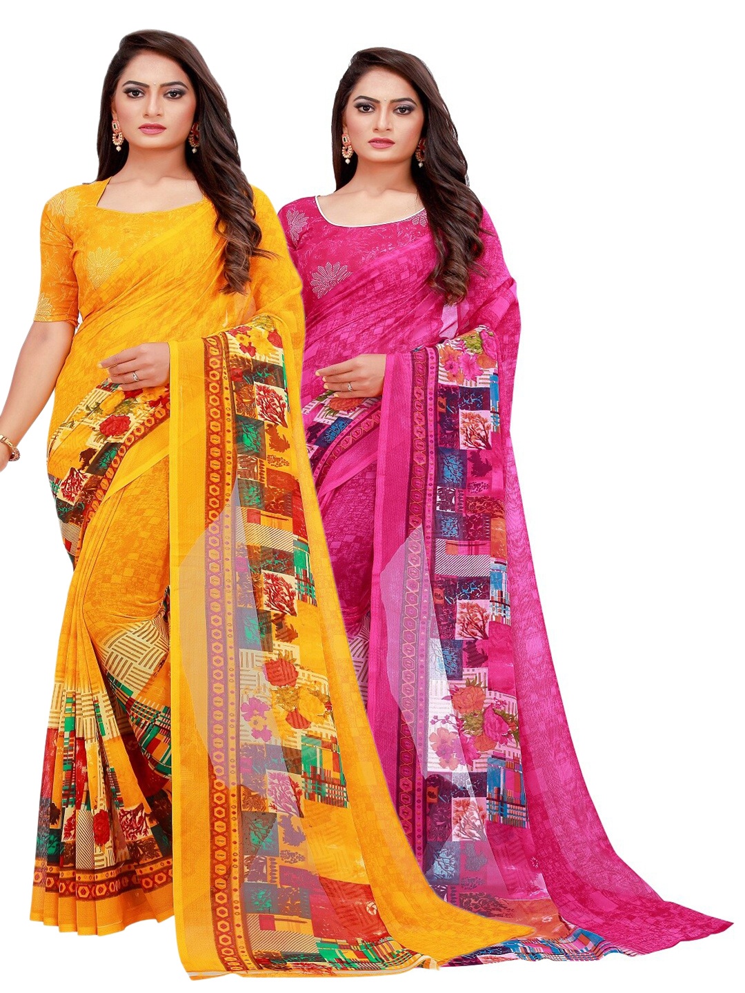 

Florence Pack of 2 Printed Pure Georgette Sarees, Yellow