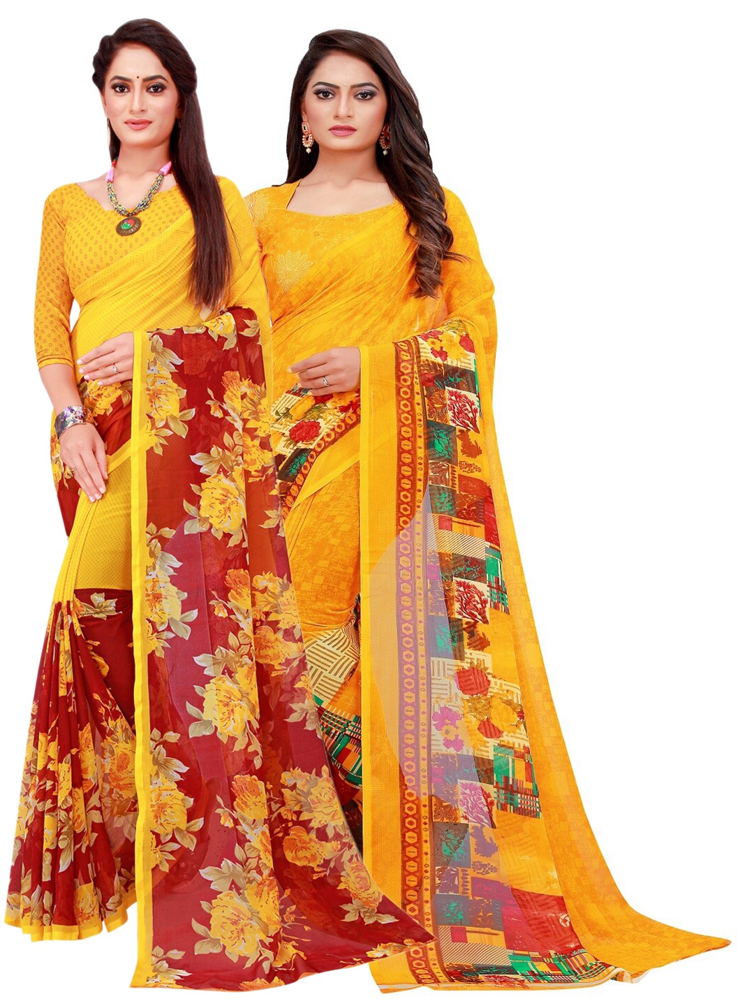 

Florence Yellow & Maroon Set Of 2 Floral Pure Georgette Saree