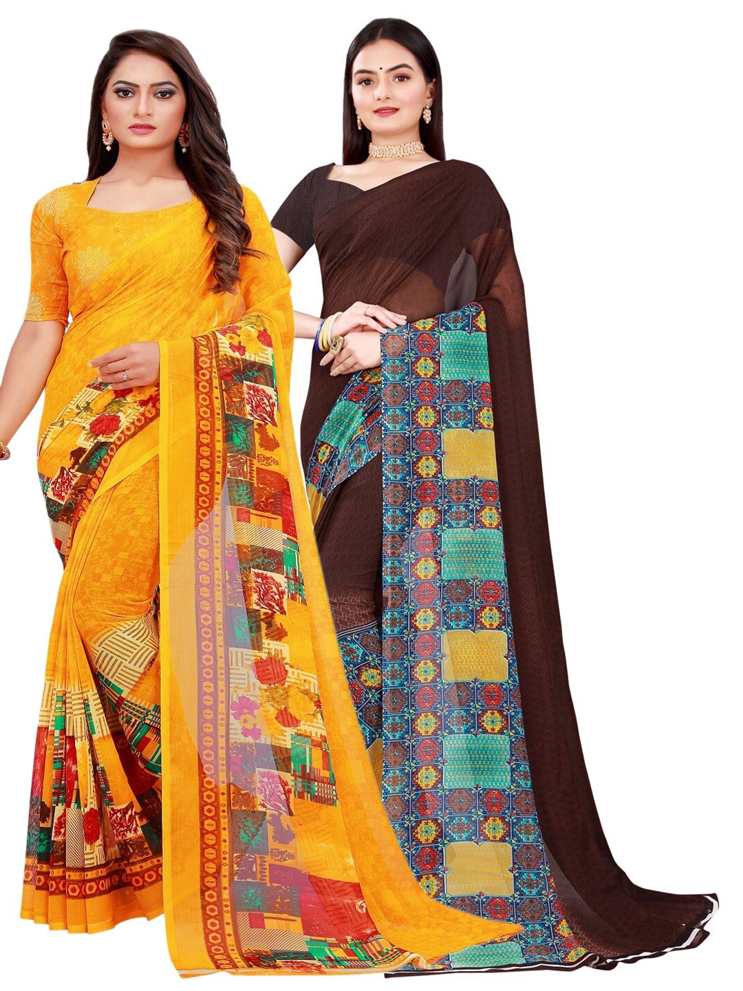 

Florence Pack Of 2 Brown & Yellow Georgette Saree