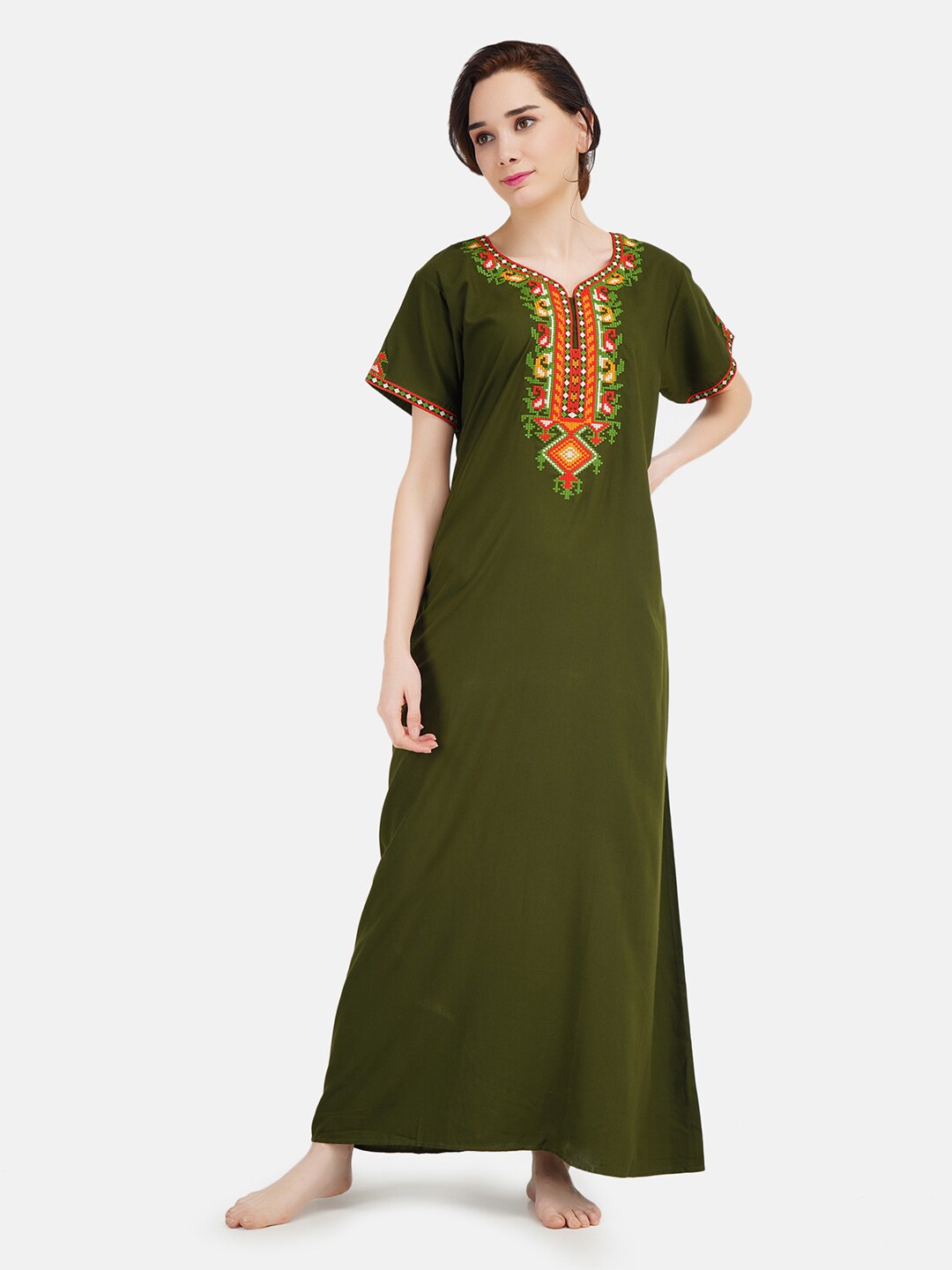 

KOI SLEEPWEAR Olive Green Embroidered Maxi Nightdress