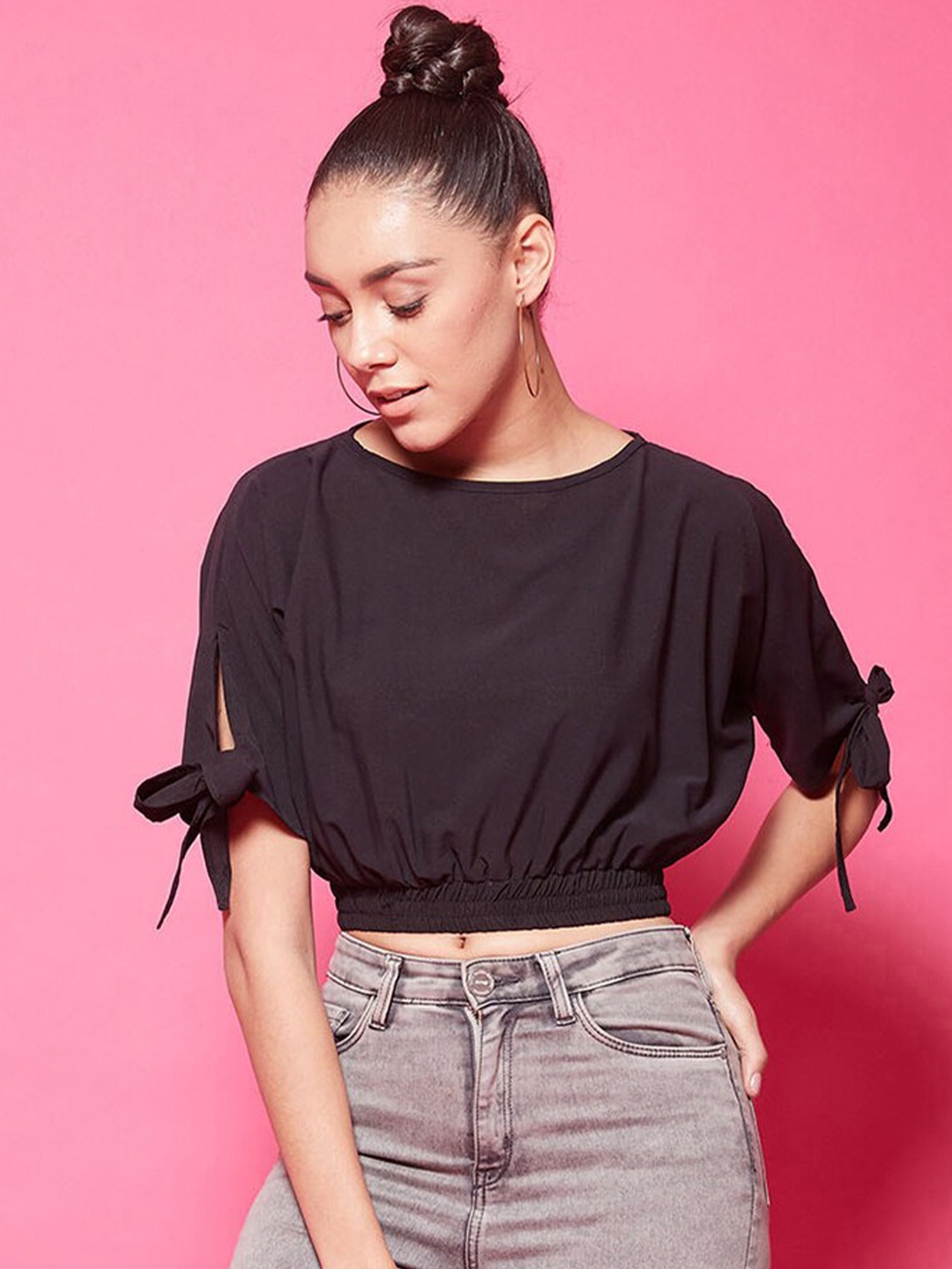 

CHIMPAAANZEE Women Black Extended Sleeves Blouson Crop Top