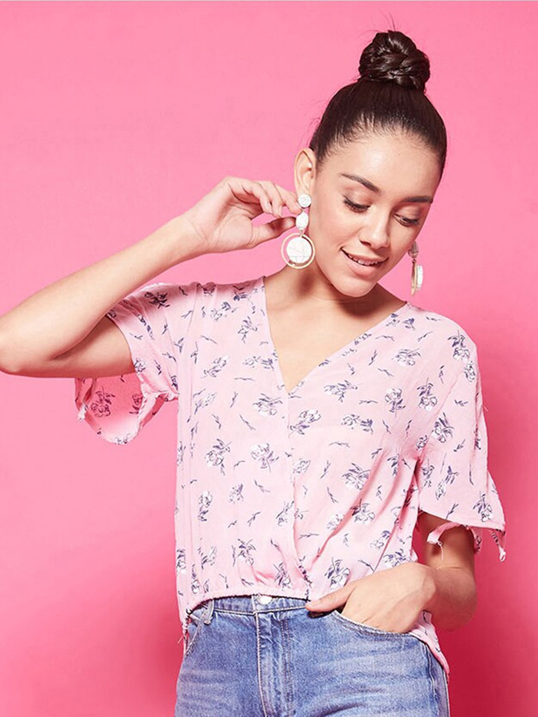 

CHIMPAAANZEE Pink Floral Print Wrap Crop Top