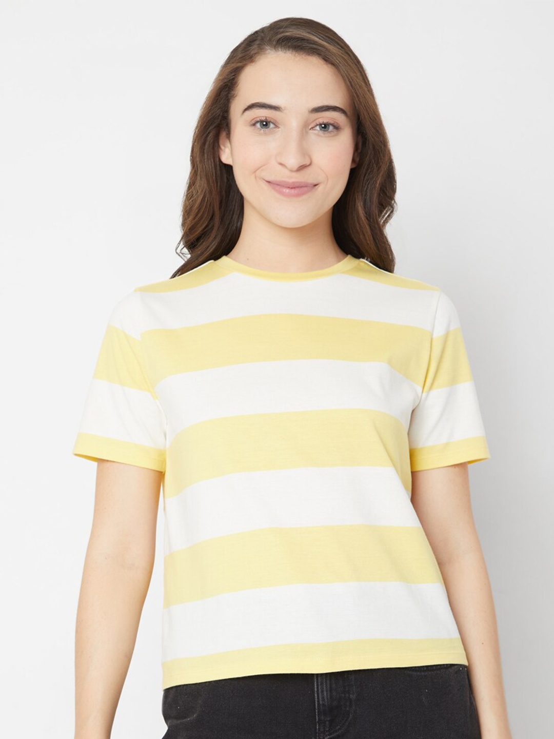 

Vero Moda Women Yellow & White Striped Cotton T-shirt