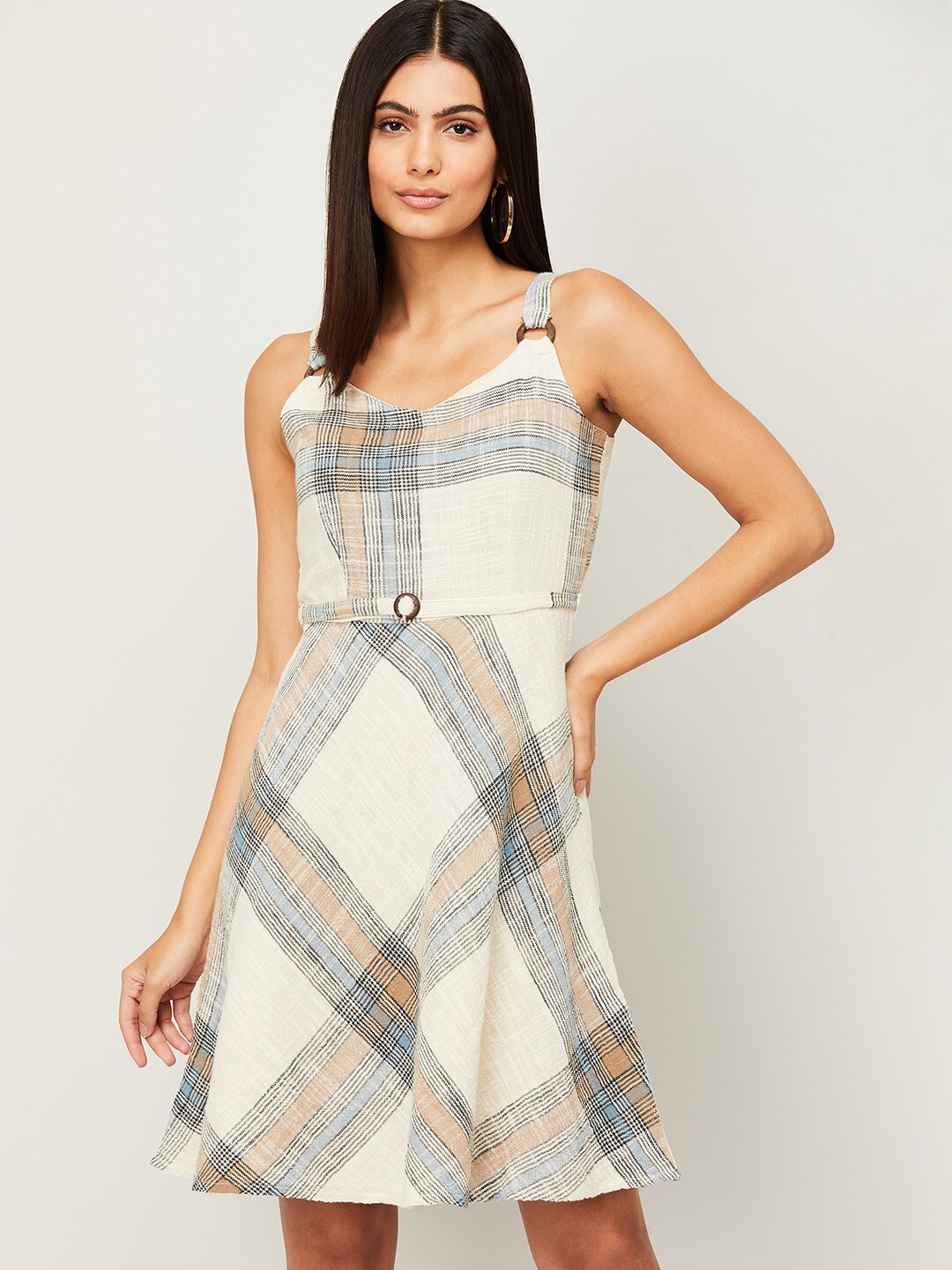 

CODE by Lifestyle Beige & Blue Checked Cotton Fit & Flare Dress