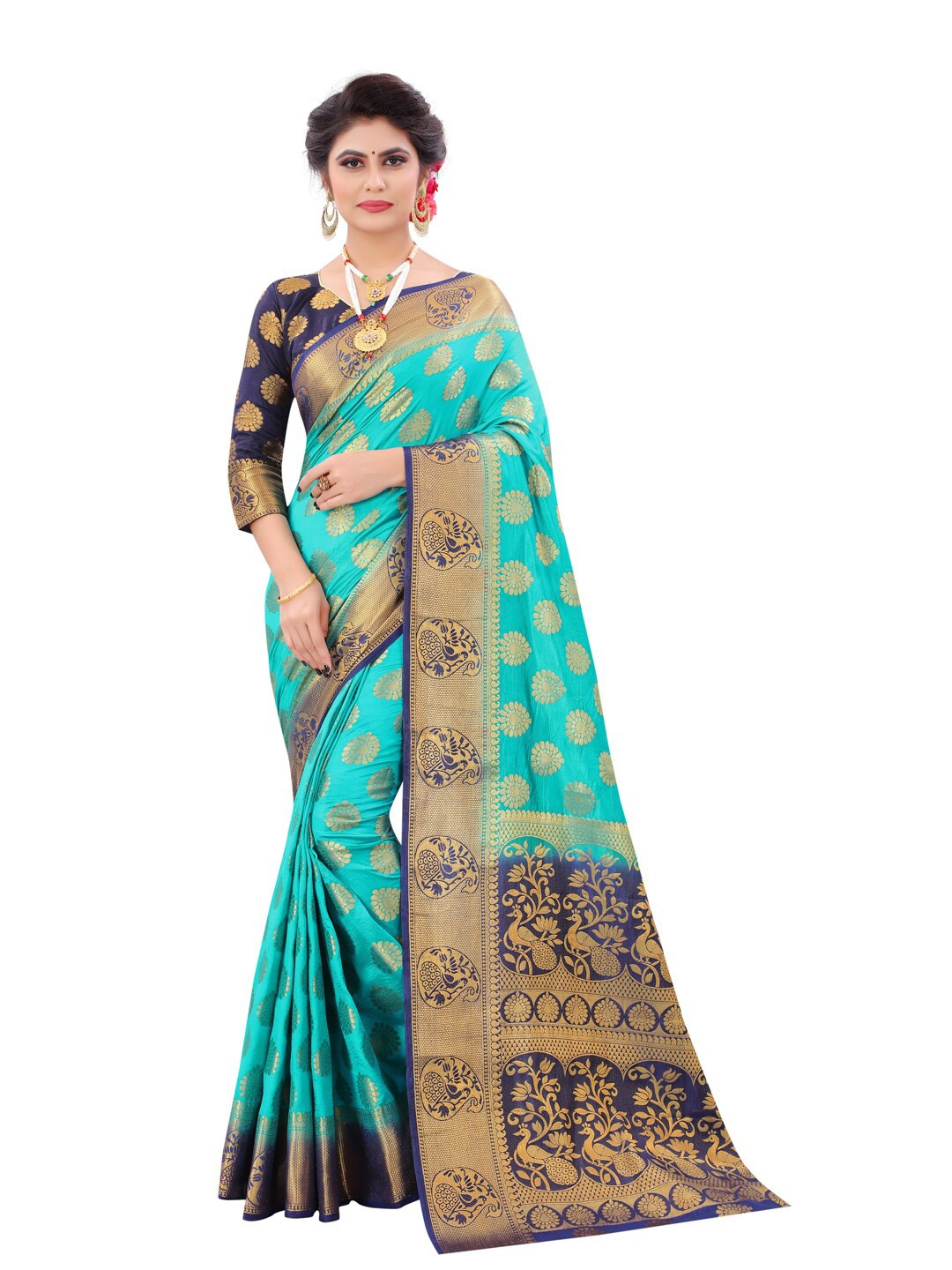 

PERFECT WEAR Navy Blue & Gold-Toned Woven Design Zari Silk Cotton Banarasi Saree