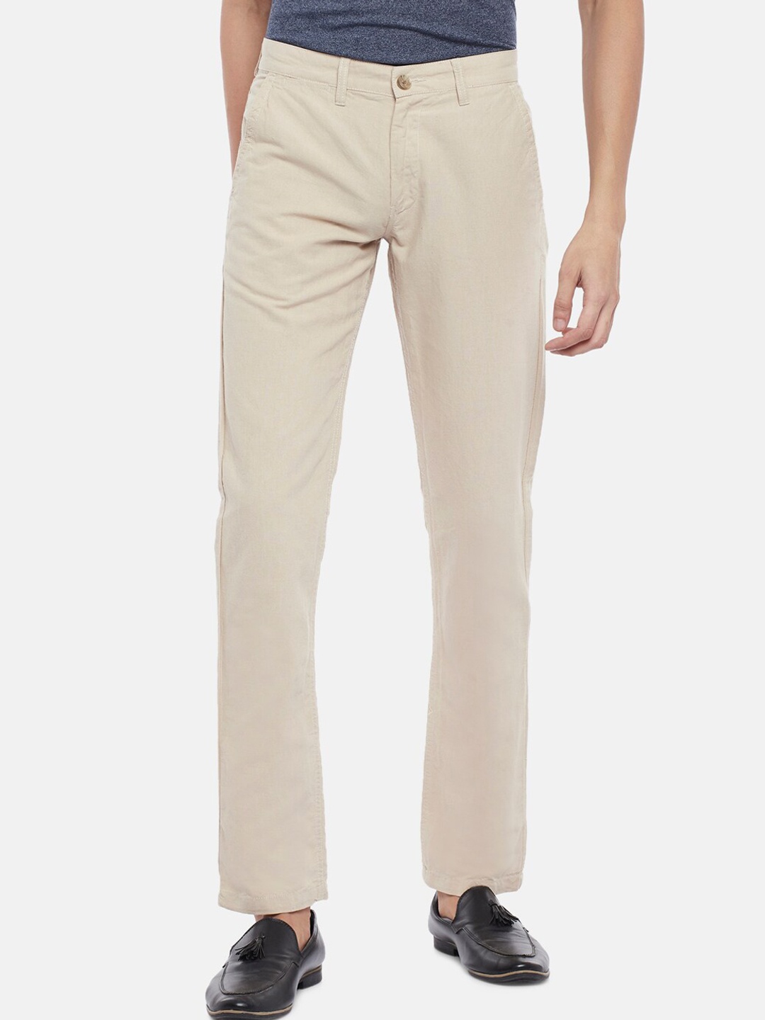 

BYFORD by Pantaloons Men Cream-Coloured Cotton Linen Slim Fit Trousers