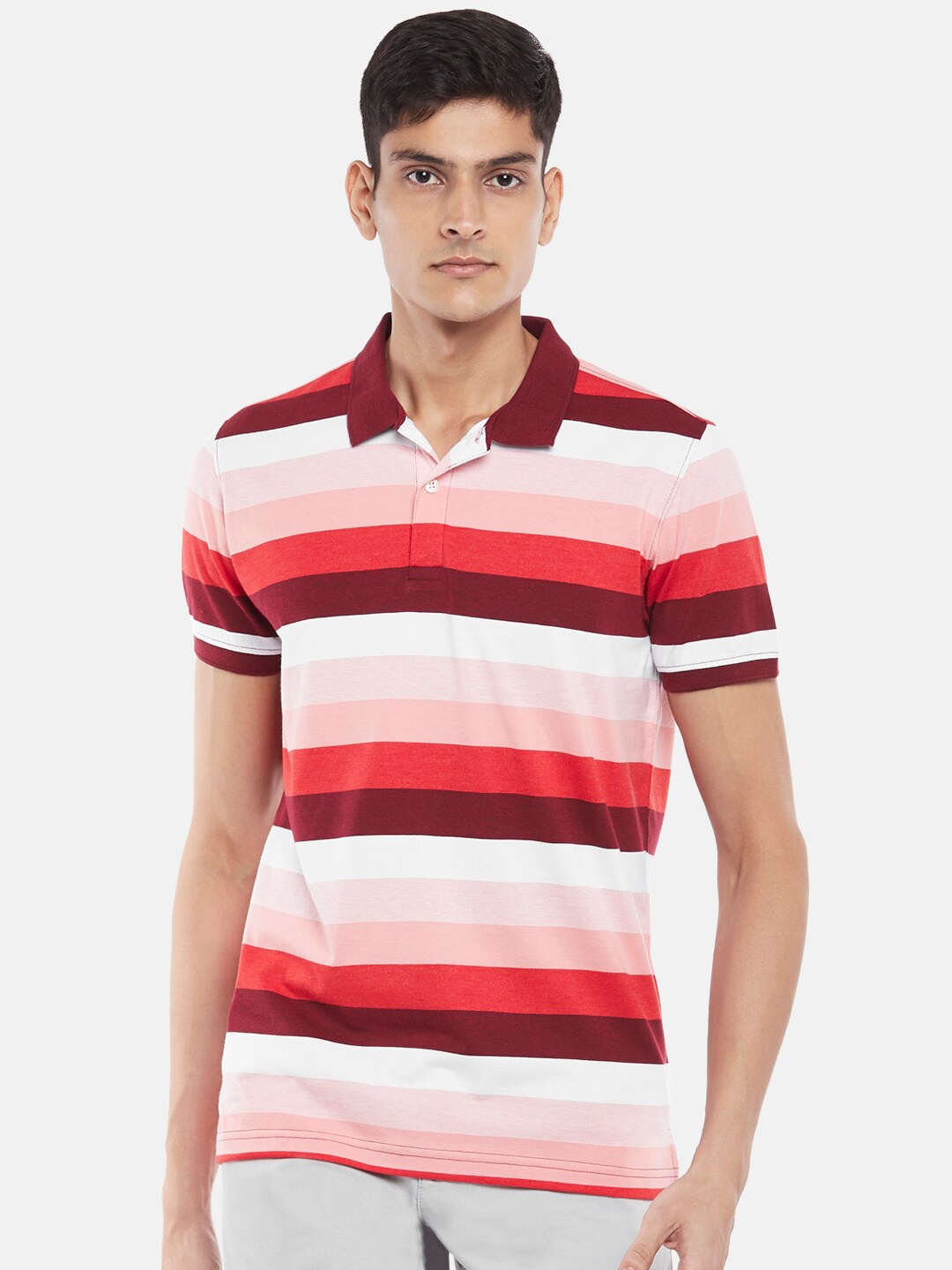 

BYFORD by Pantaloons Men Pink Striped Polo Collar Slim Fit T-shirt