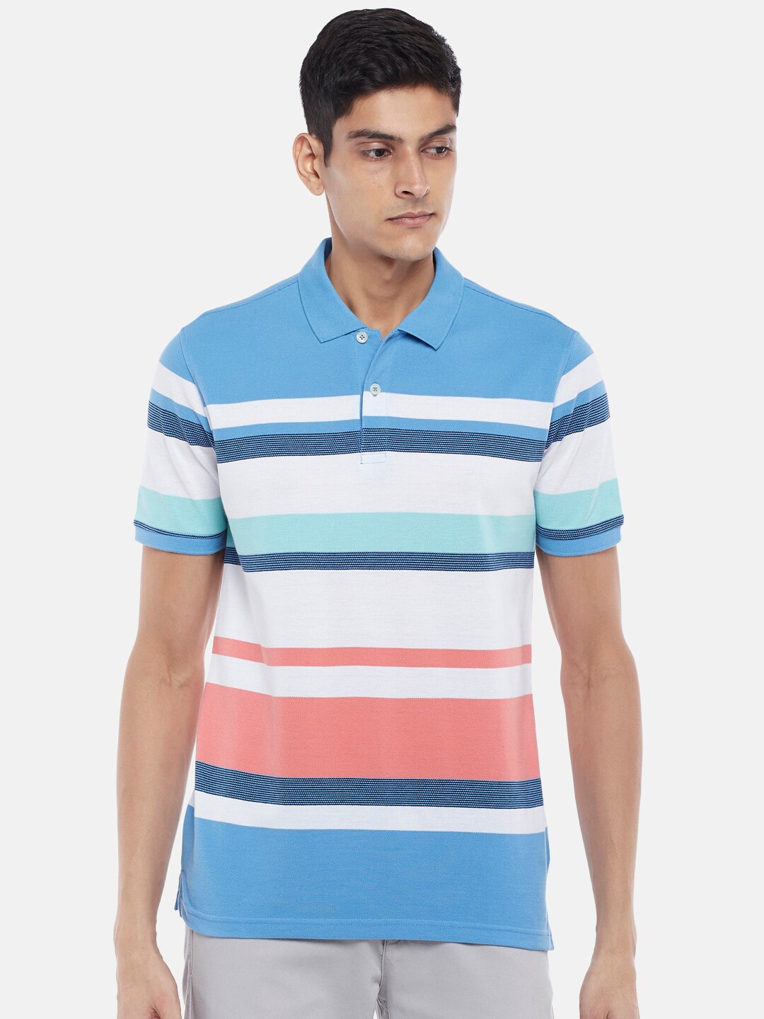 

BYFORD by Pantaloons Men Blue Striped Polo Collar Slim Fit T-shirt