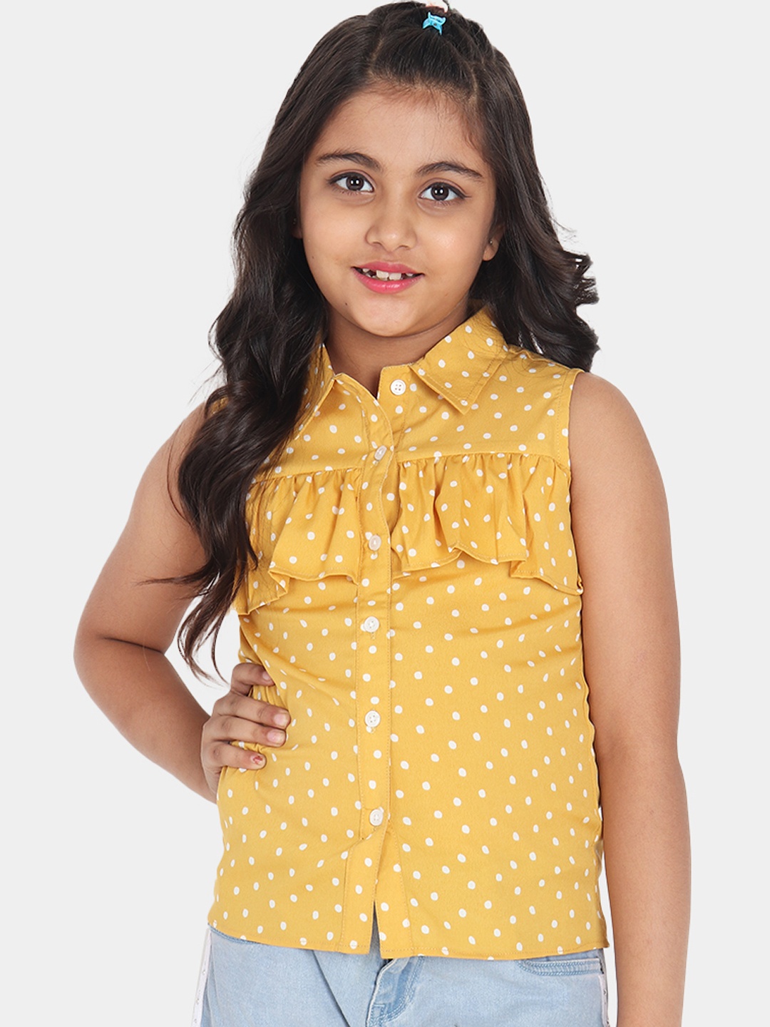 

YK Girls Yellow Print Ruffles Crepe Shirt Style Top