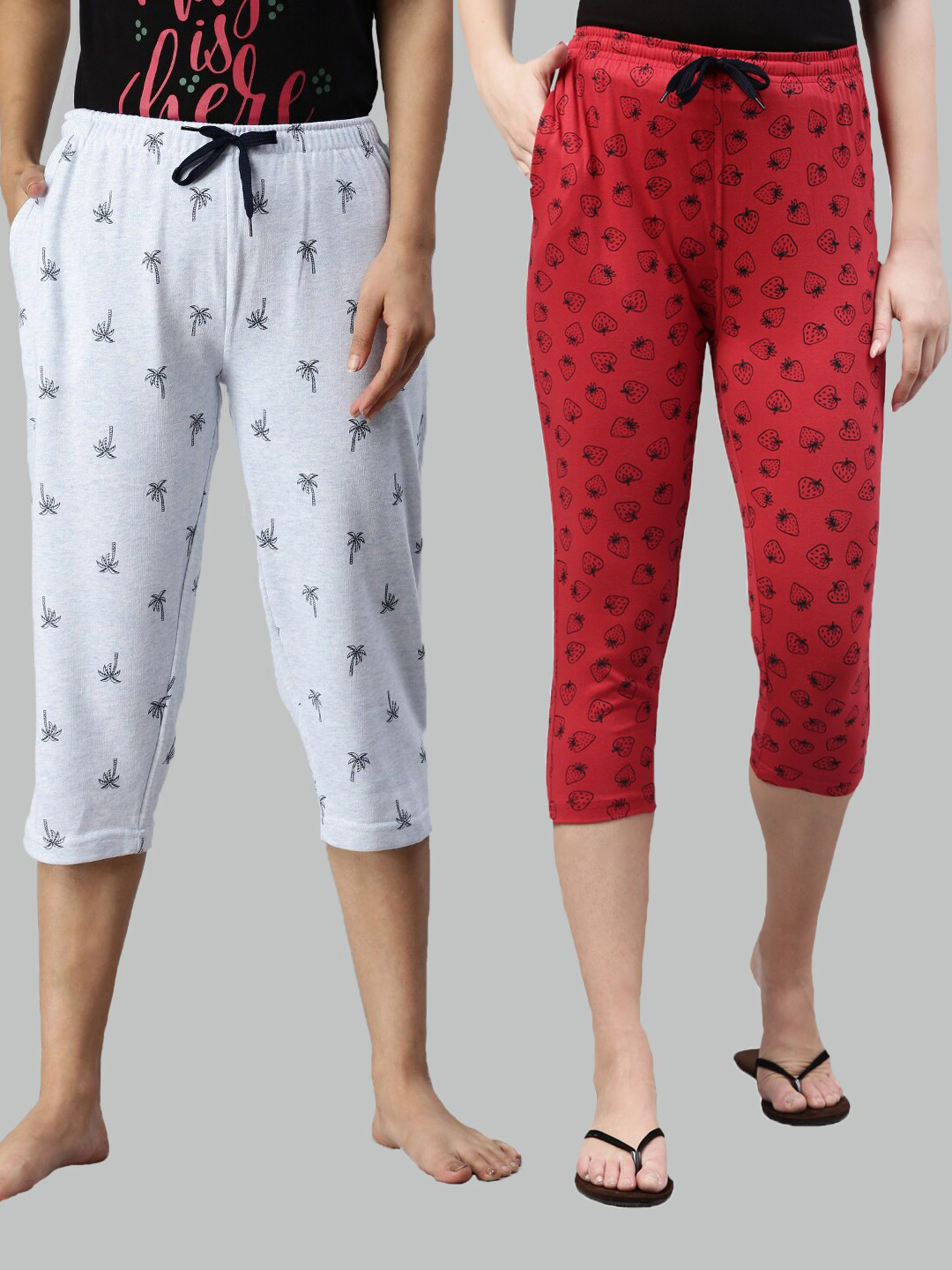 

Kryptic Women Blue & Red Set Of 2 Printed Cotton Capris
