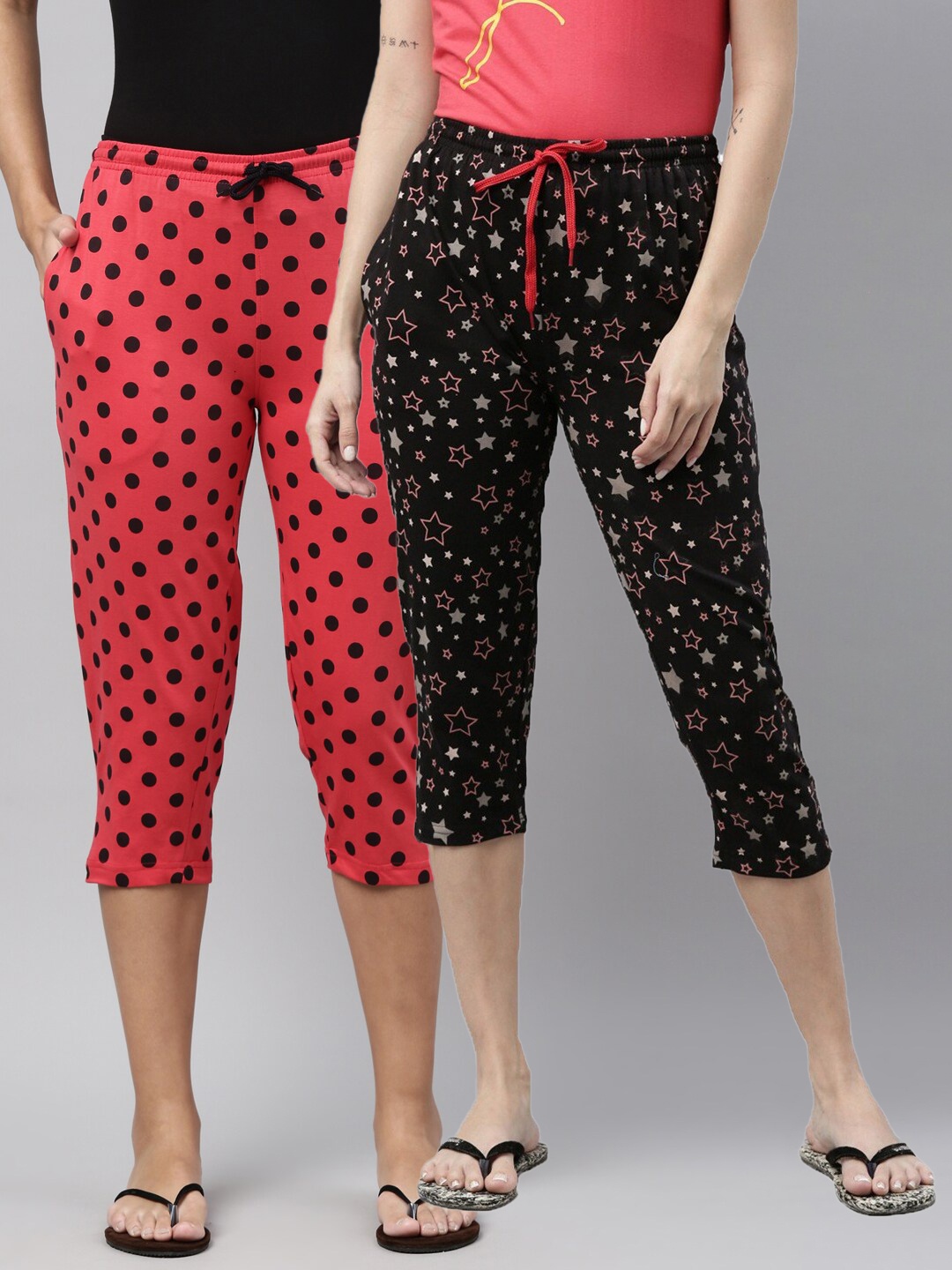 

Kryptic Women Pack Of 2 Black & Pink Printed Capris