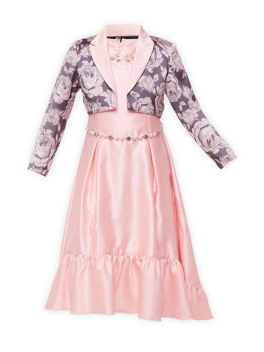 

Tiny Baby Girls Satin A-Line Dress With Jacket & Belt, Peach