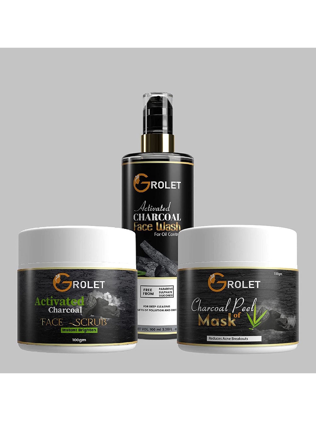 

GROLET Set of Activated Charcoal Face Wash + Face Mask + Face Scrub, Black