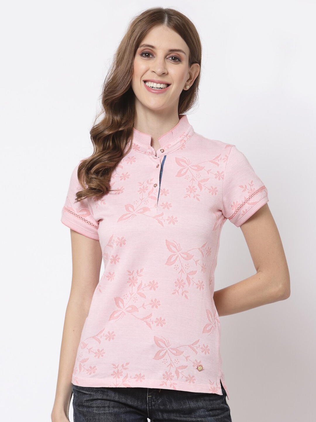 

Juelle Women Pink Floral Printed Mandarin Collar Slim Fit T-shirt