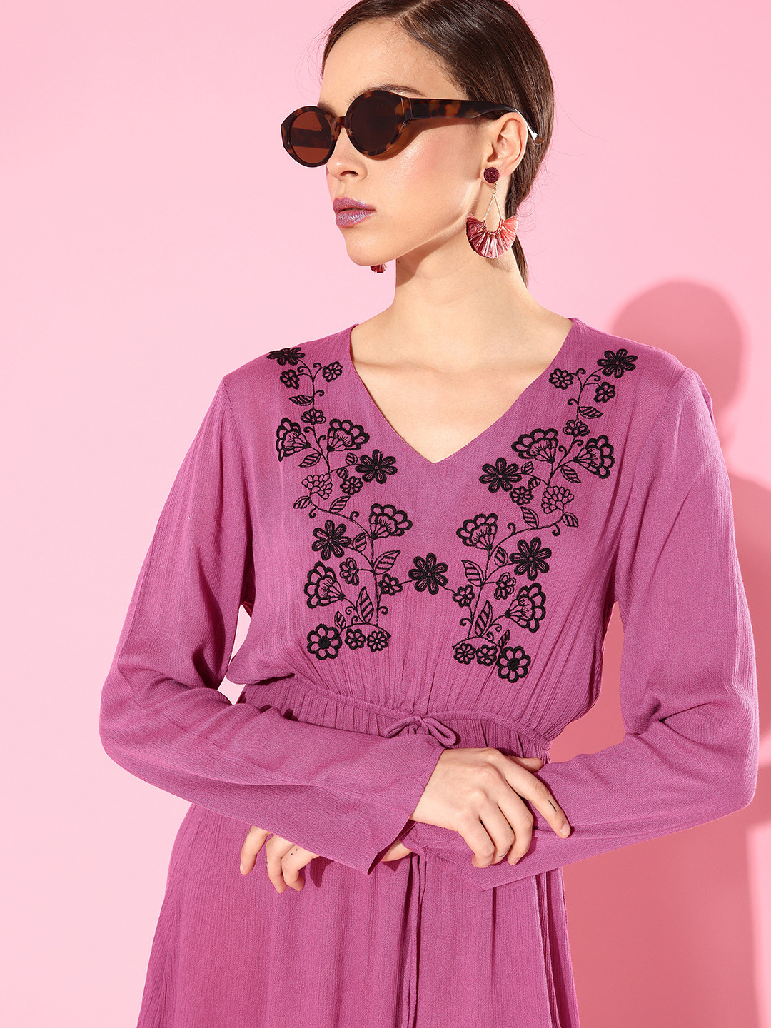 

HERE&NOW Women Pink Floral Embroidered A-Line Dress