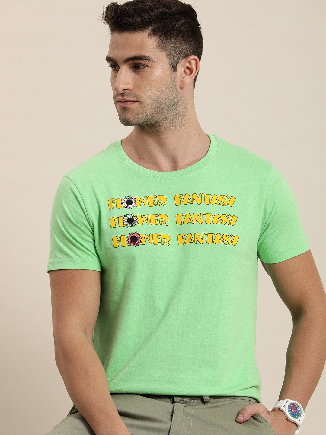 

Moda Rapido Men Green Typography Printed Pure Cotton T-shirt