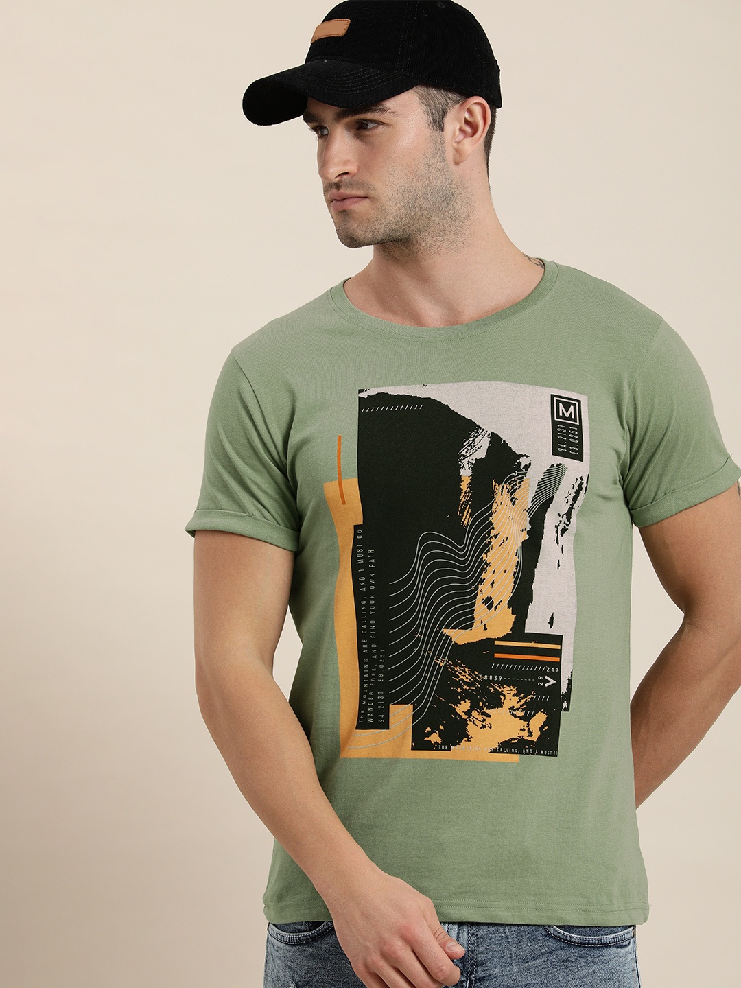 

Moda Rapido Men Green & Yellow Typography Printed Pure Cotton T-shirt