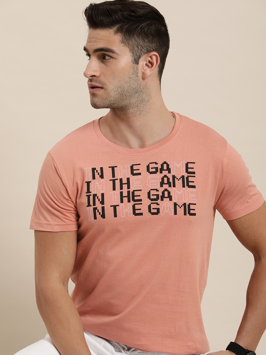 

Moda Rapido Men Peach-Coloured Typography Printed Pure Cotton T-shirt