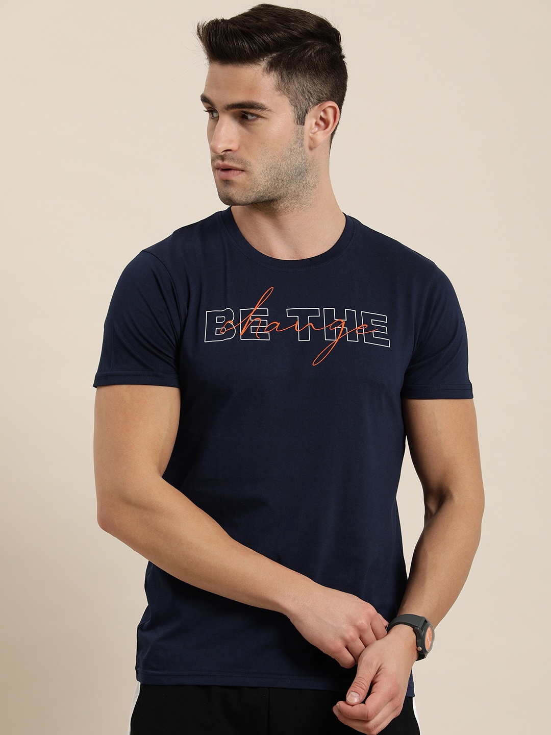 

Moda Rapido Men Navy Blue Typography Printed Pure Cotton T-shirt