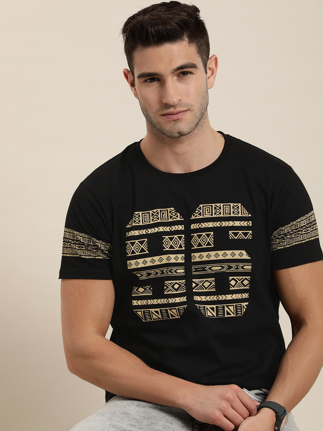

Moda Rapido Men Black Tribal Printed Pure Cotton T-shirt