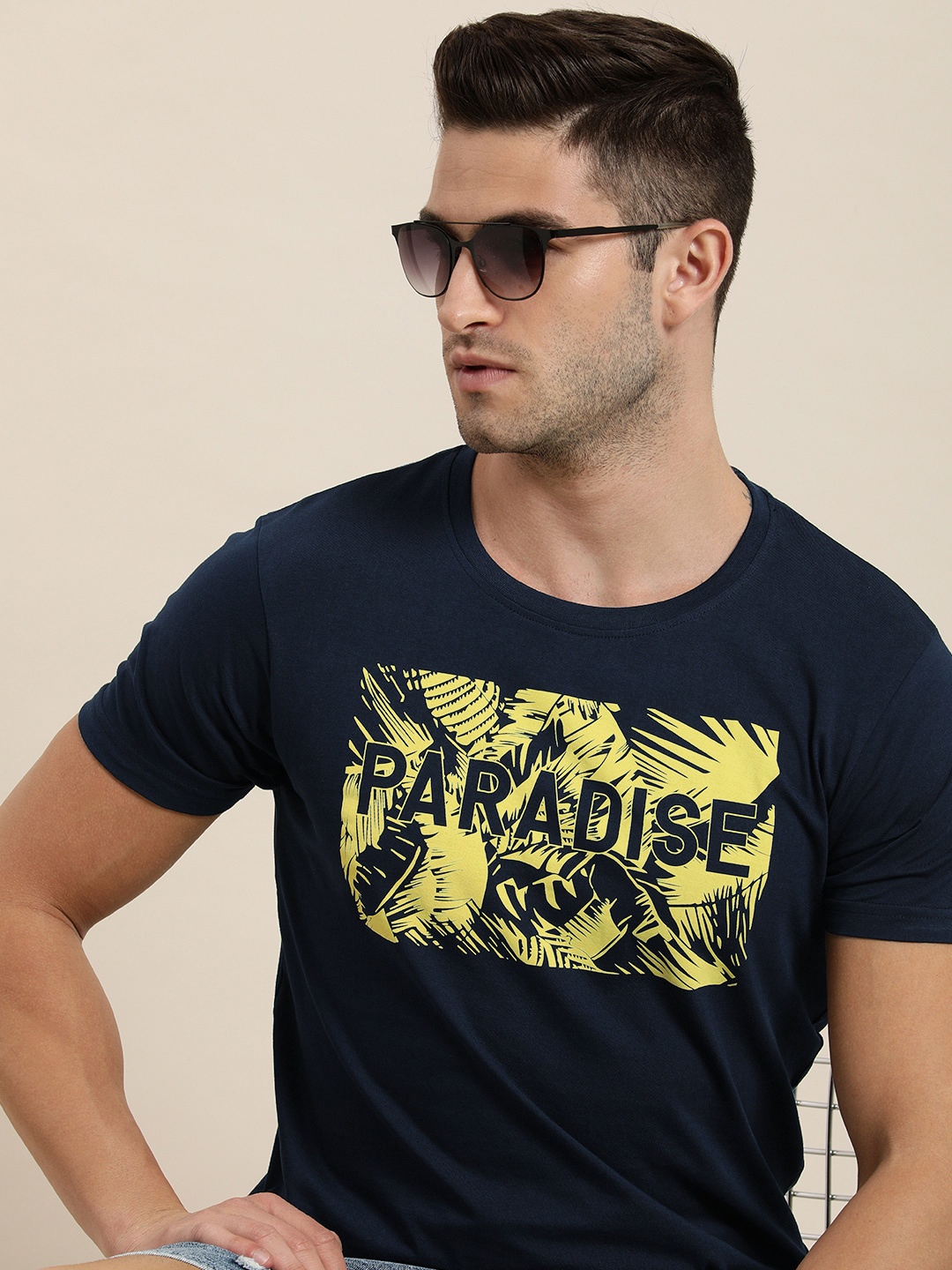 

Moda Rapido Men Navy Blue Typography Printed Pure Cotton T-shirt
