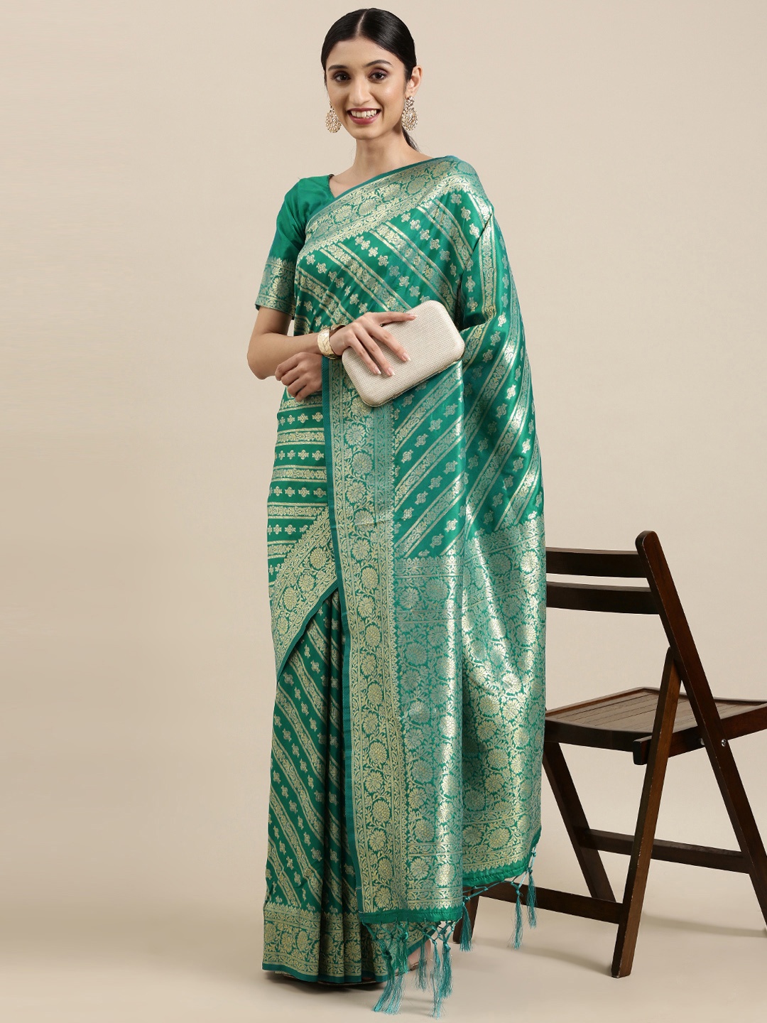 

VRSALES Teal Green & Golden Woven Design Banarasi Saree