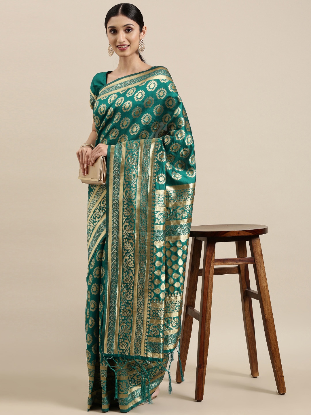 

VRSALES Green & Golden Woven Design Banarasi Saree