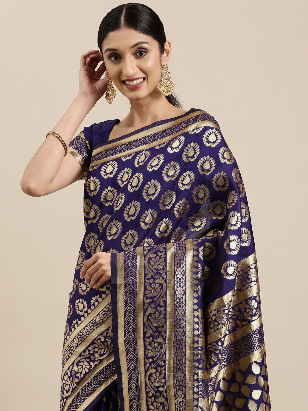 

VRSALES Blue & Gold-Toned Ethnic Motifs Silk Blend Banarasi Saree