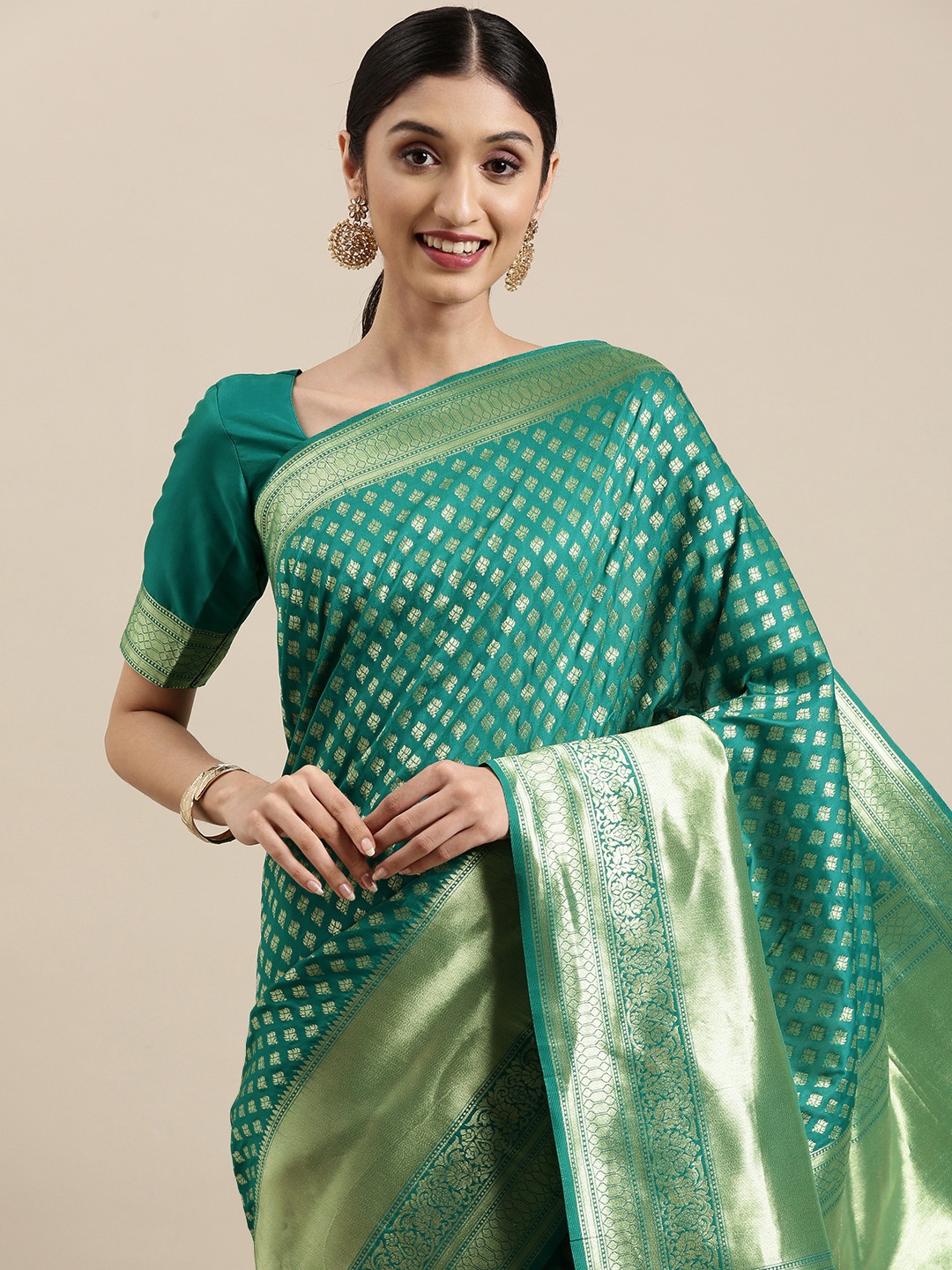 

VRSALES Turquoise Blue & Gold-Toned Ethnic Motifs Silk Blend Banarasi Saree