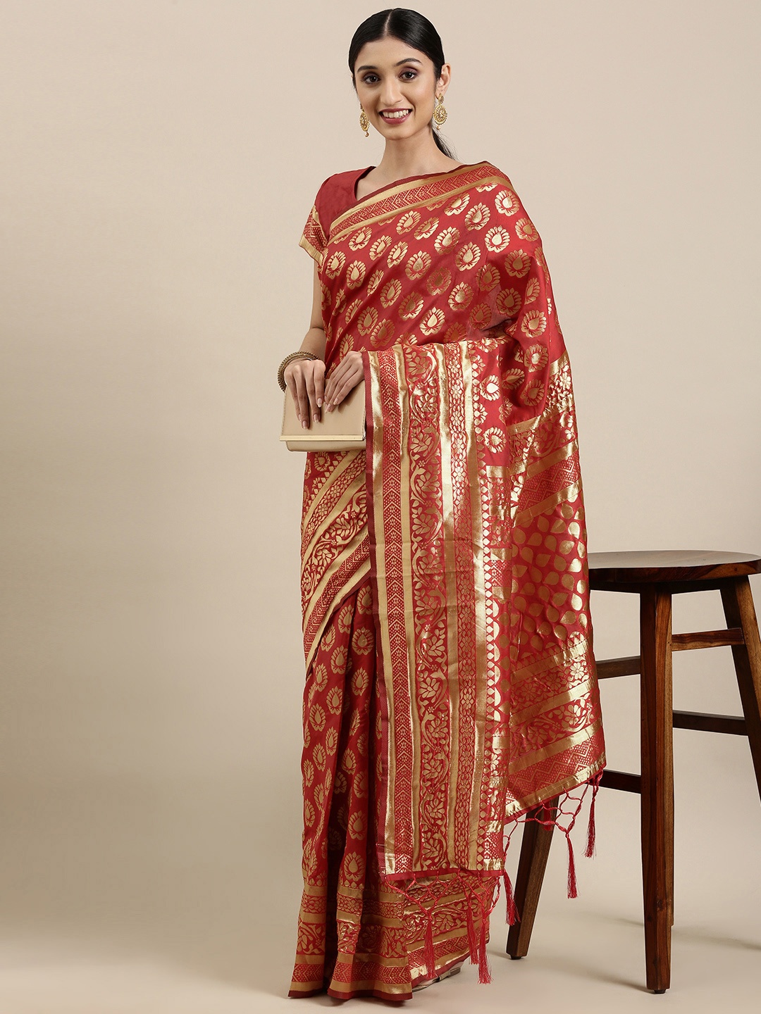 

VRSALES Maroon & Golden Ethnic Motifs Woven Design Banarasi Saree
