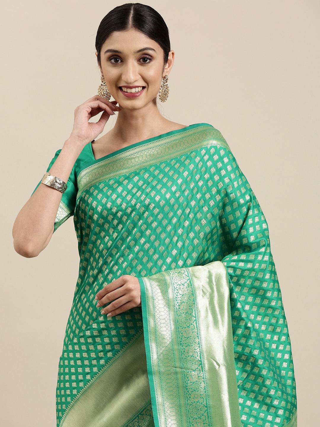 

VRSALES Green & Golden Ethnic Motifs Silk Blend Banarasi Saree