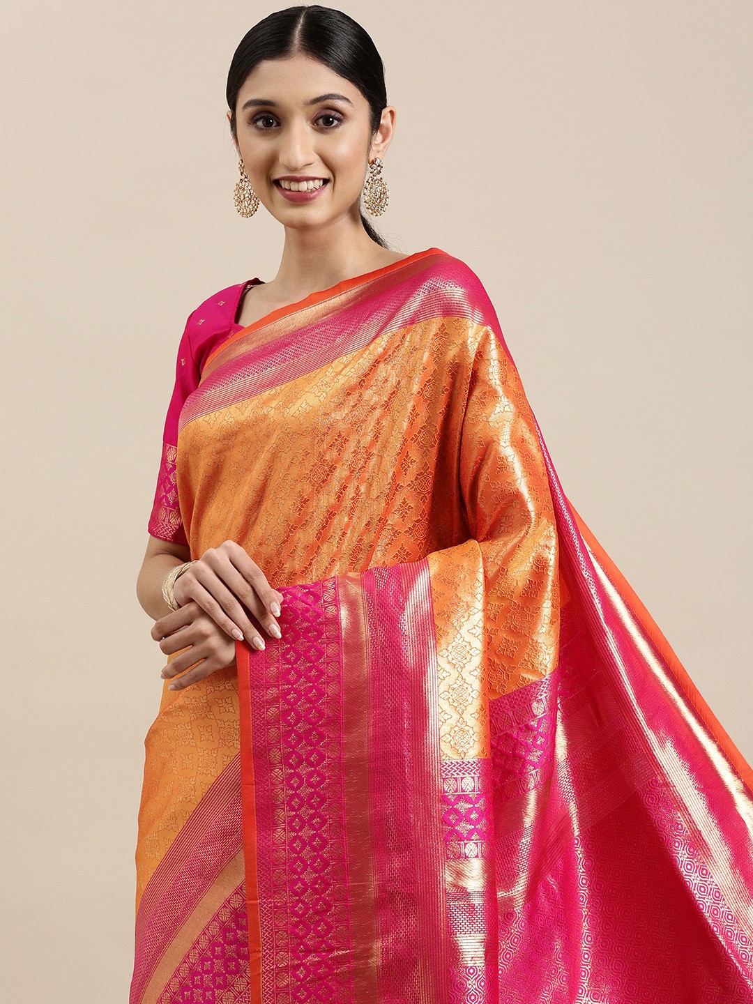 

VRSALES Orange & Pink Ethnic Motifs Silk Blend Kanjeevaram Saree