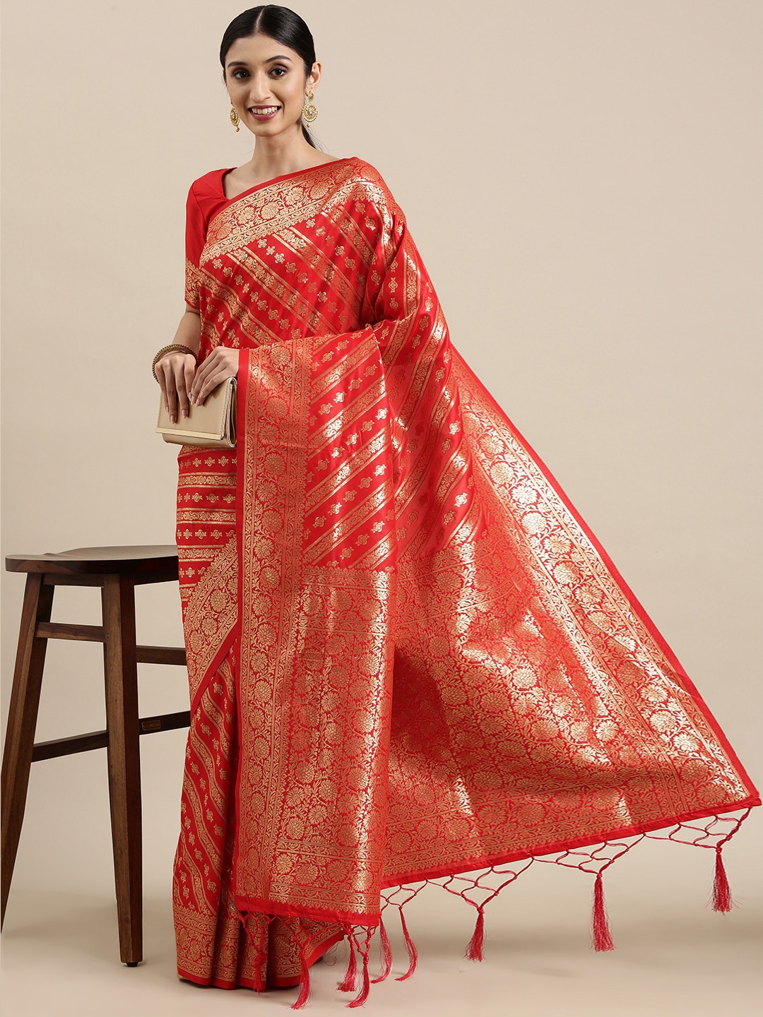

VRSALES Red & Golden Ethnic Motifs Woven Design Banarasi Saree