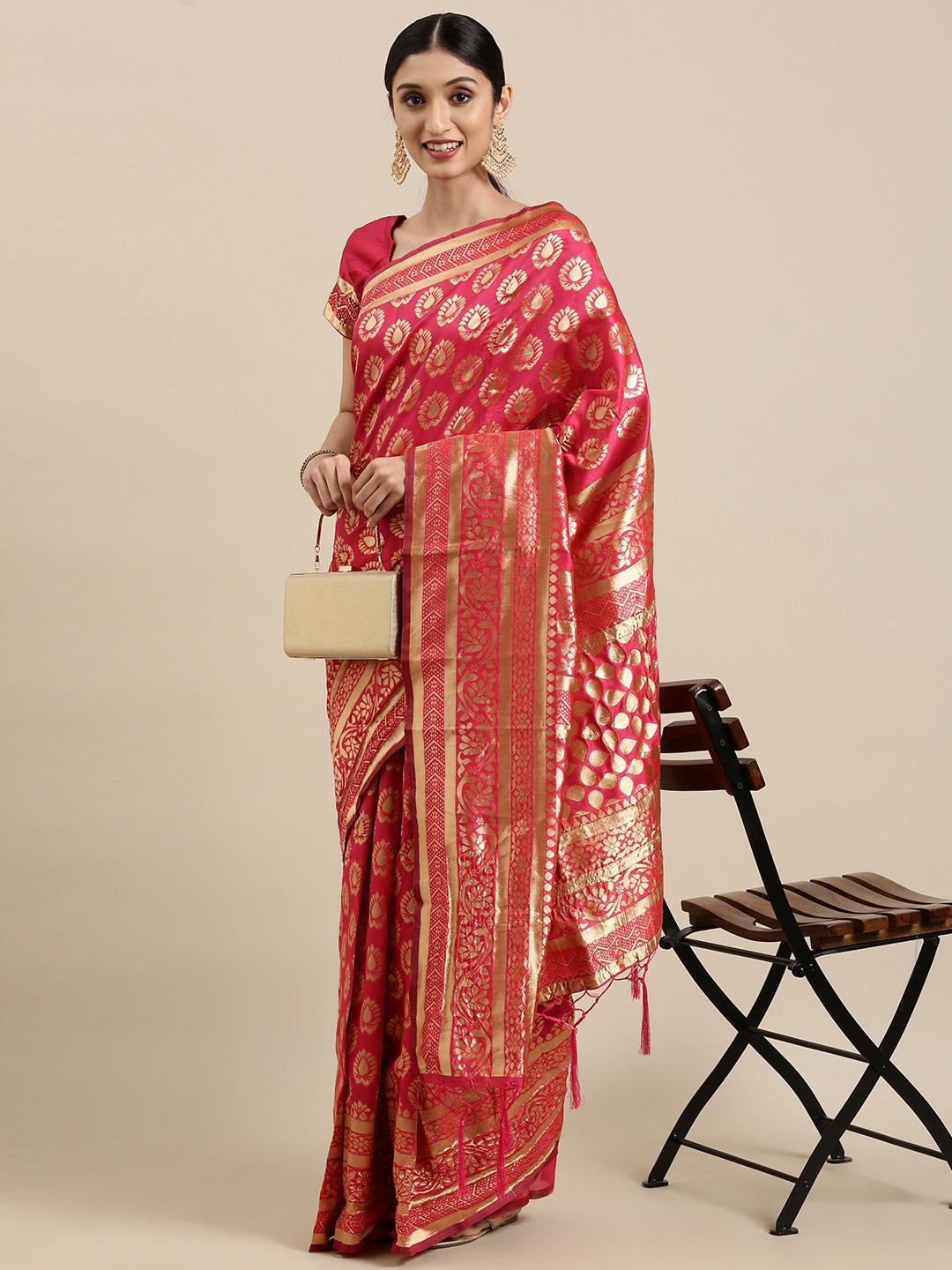 

VRSALES Pink & Golden Ethnic Motifs Woven Design Banarasi Saree