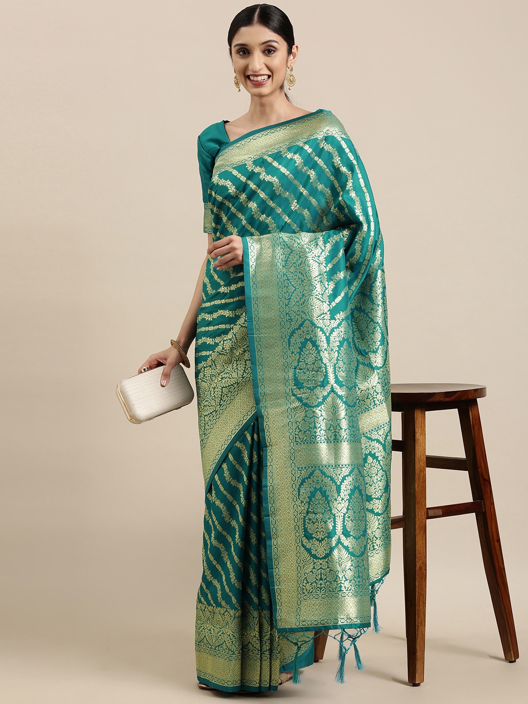

VRSALES Turquoise Blue & Golden Ethnic Motifs Woven Design Banarasi Saree