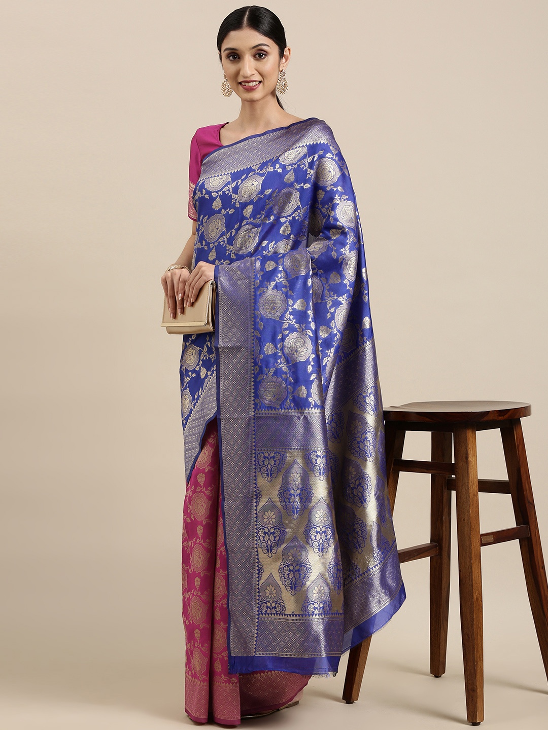 

VRSALES Blue & Pink Ethnic Motifs Silk Blend Banarasi Saree