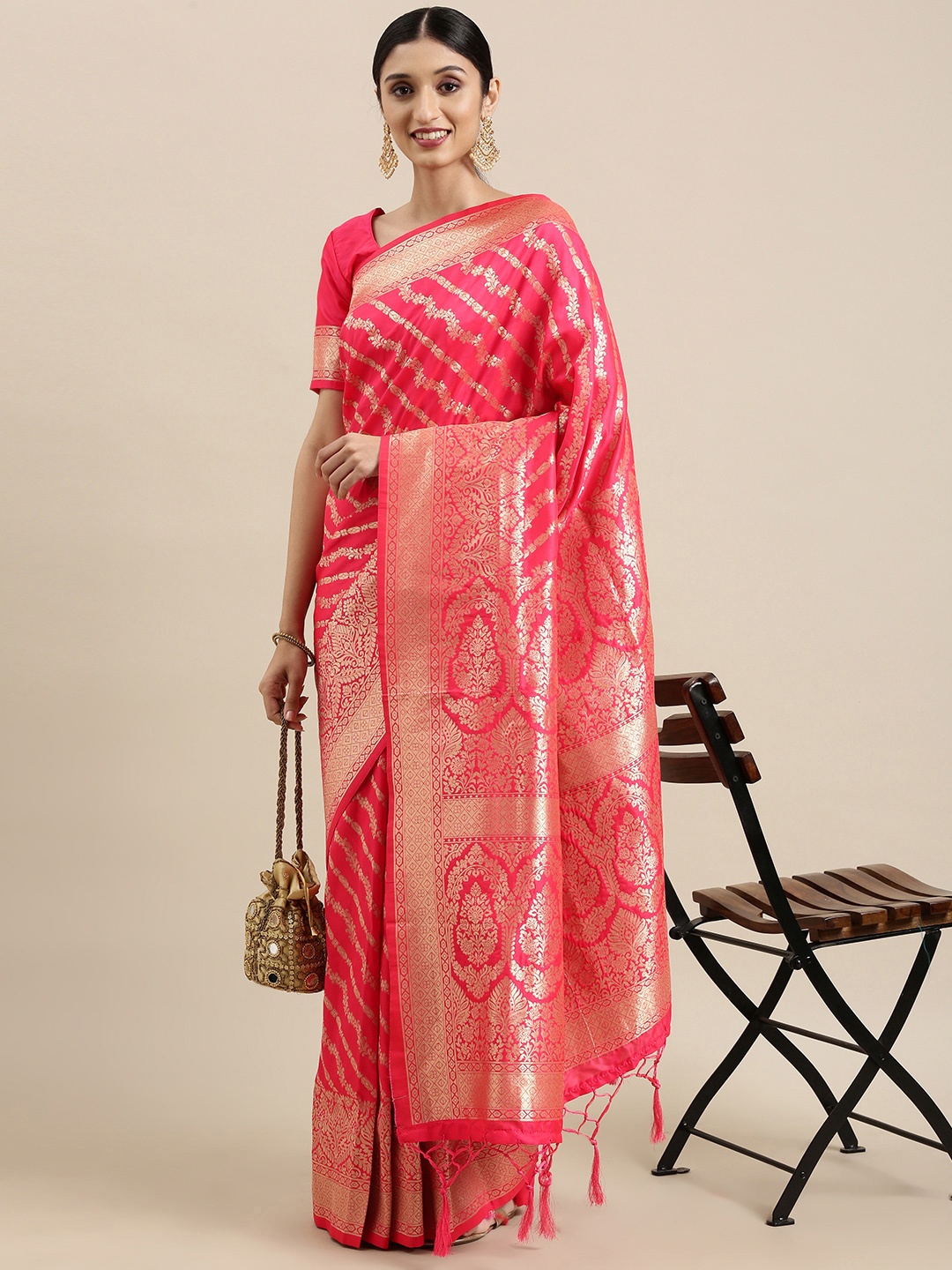 

VRSALES Pink & Golden Ethnic Motifs Woven Design Banarasi Saree