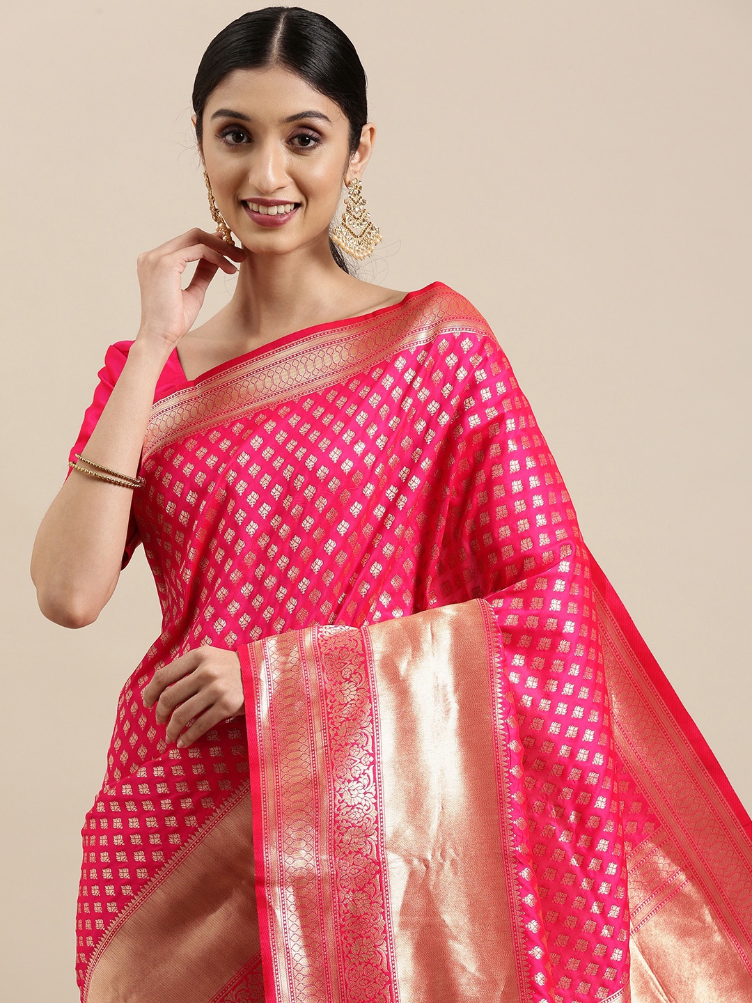 

VRSALES Pink & Gold-Toned Ethnic Motifs Silk Blend Banarasi Saree