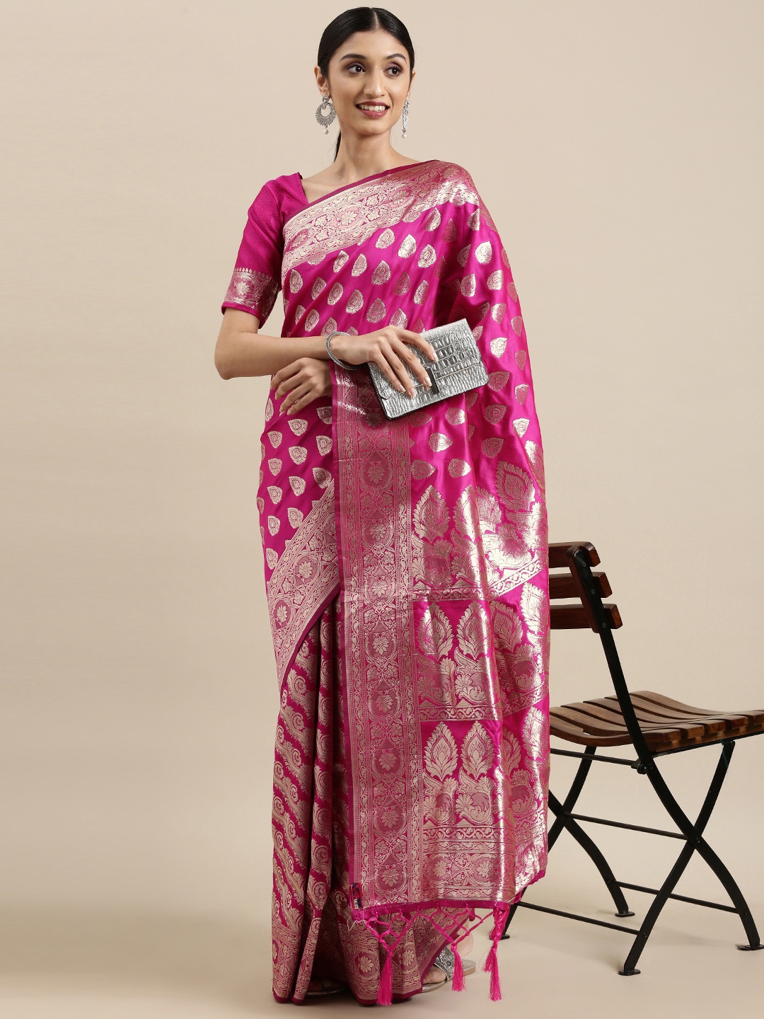 

VRSALES Pink & Golden Woven Design Banarasi Saree