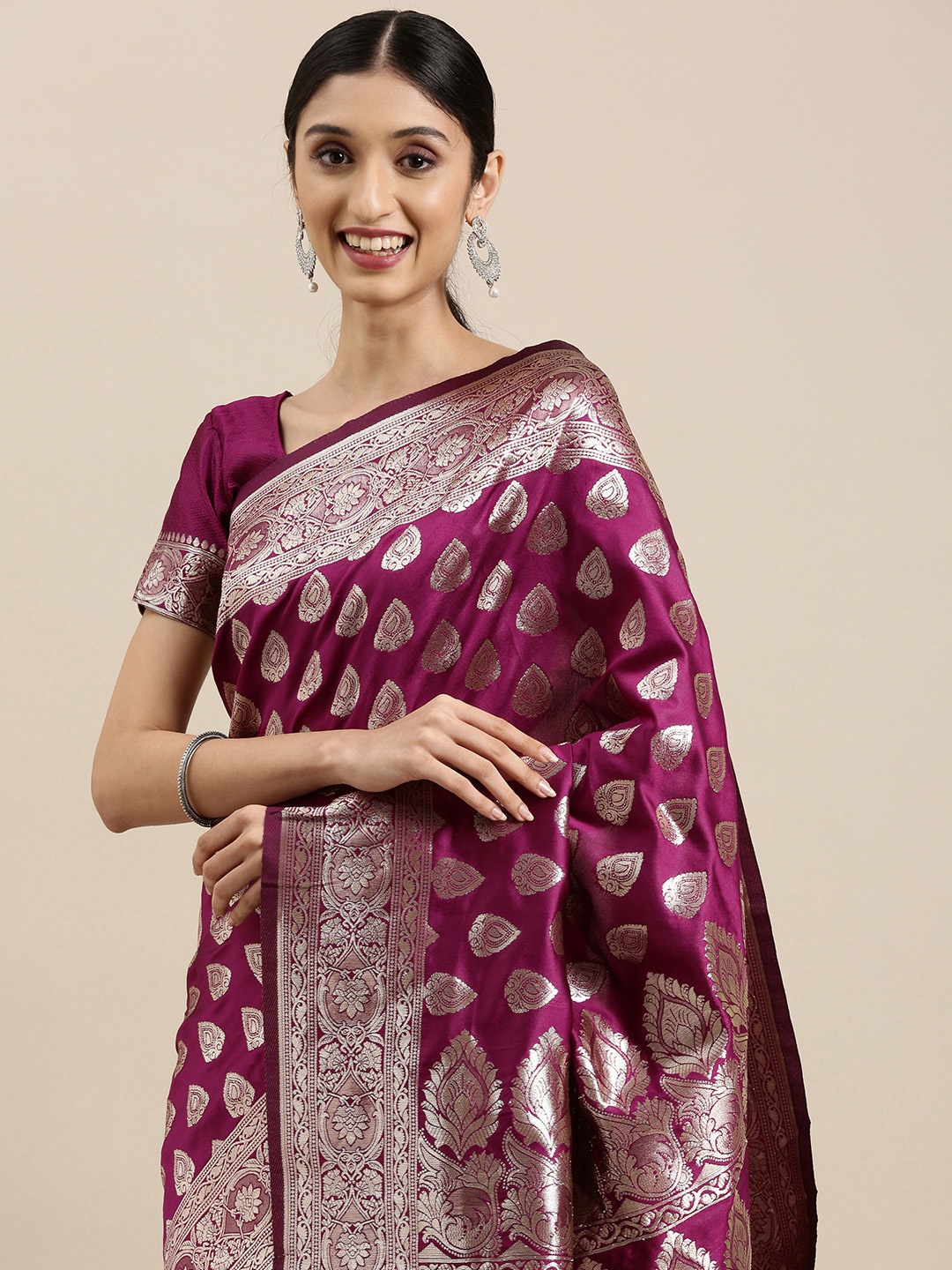 

VRSALES Purple & Golden Ethnic Motifs Woven Design Banarasi Saree