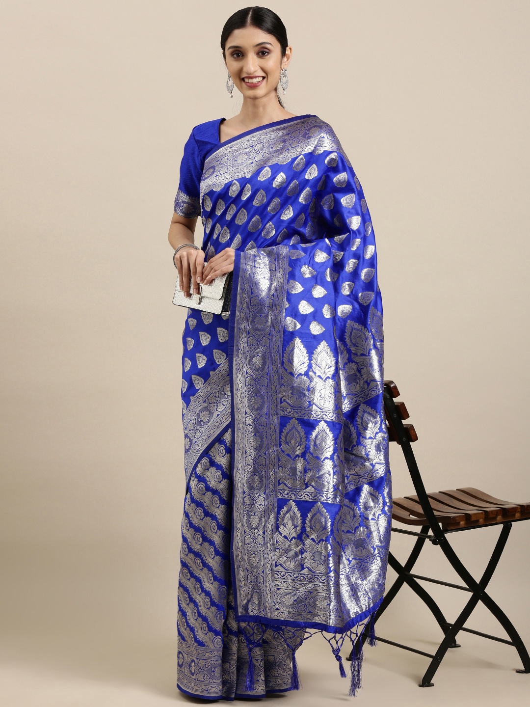 

VRSALES Blue & Golden Woven Design Banarasi Saree