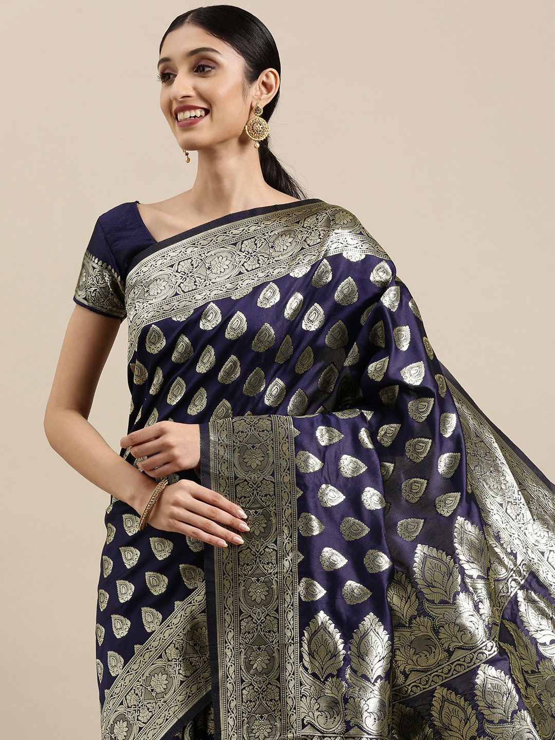 

VRSALES Navy Blue & Golden Woven Design Banarasi Saree
