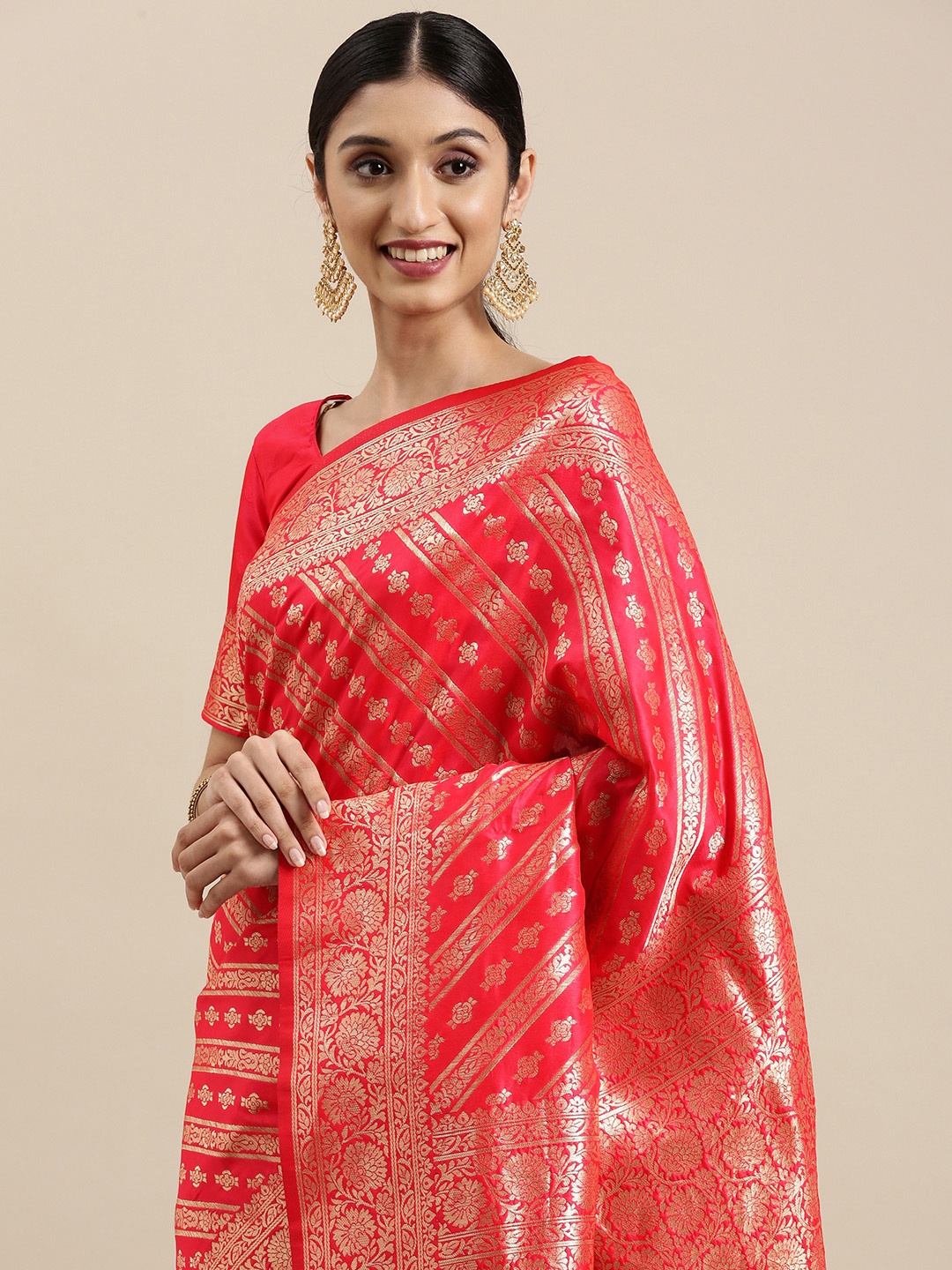 

VRSALES Pink & Gold-Toned Ethnic Motifs Silk Blend Banarasi Saree