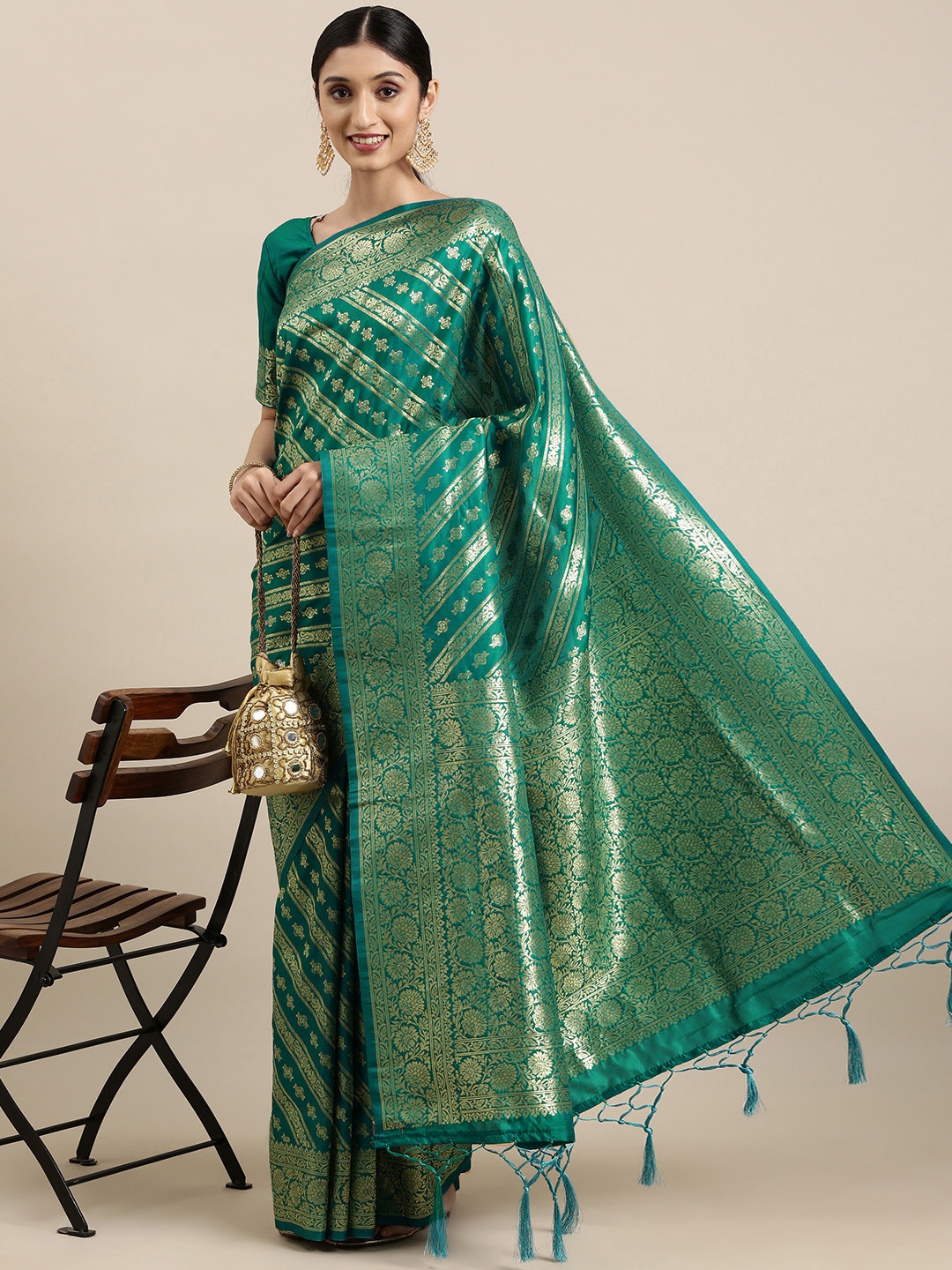 

VRSALES Turquoise Blue & Golden Ethnic Motifs Woven Design Banarasi Saree