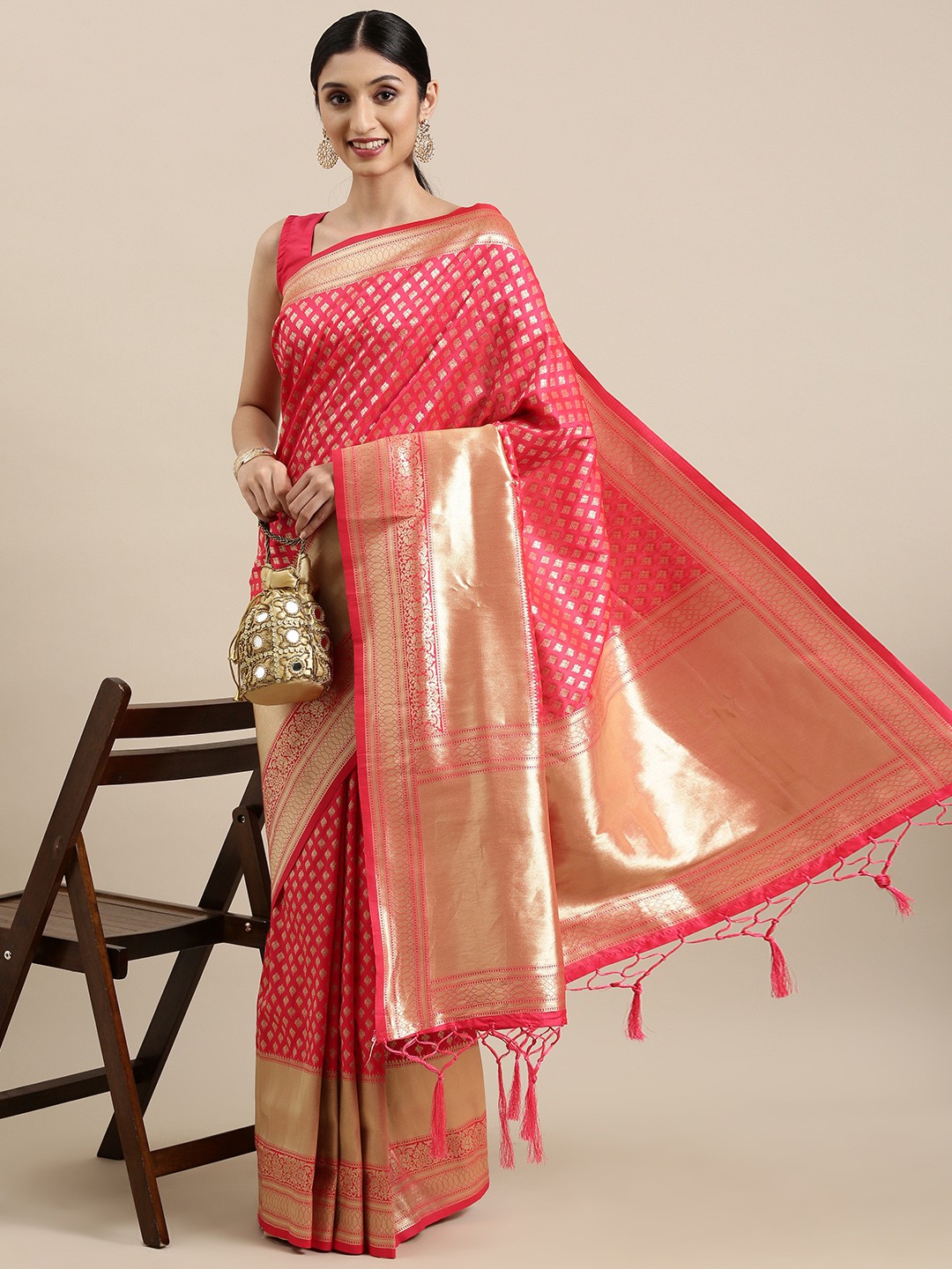 

VRSALES Pink & Golden Woven Design Banarasi Saree