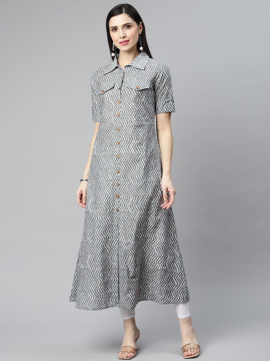 

IRIDAA JAIPUR Grey Chevron Printed A-Line Kurta