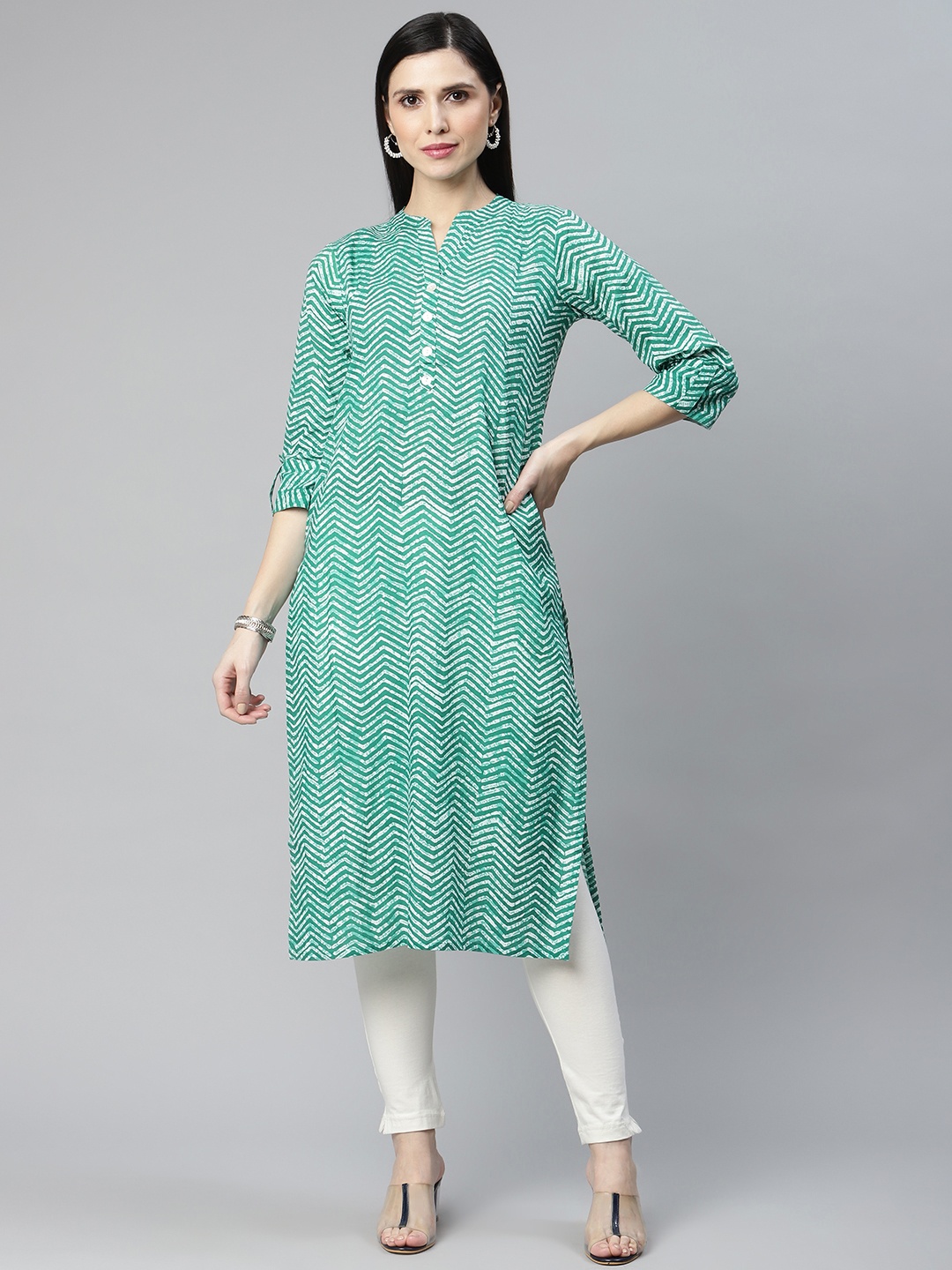 

IRIDAA JAIPUR Green Chevron Printed Kurta