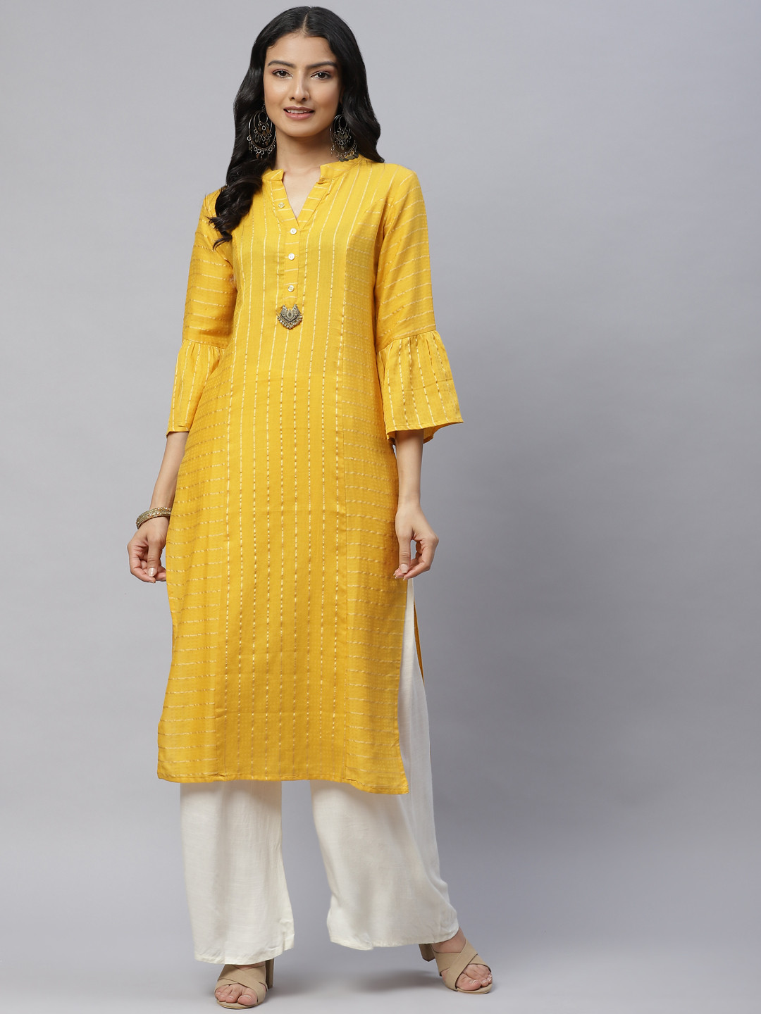 

IRIDAA JAIPUR Women Mustard Yellow & Golden Striped Kurta